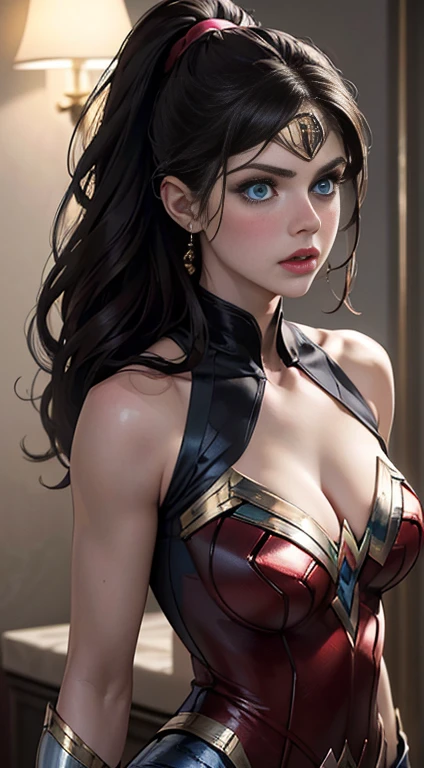 (best quality,4k,8k,highres,masterpiece:1.2),ultra-detailed,(realistic,photorealistic,photo-realistic:1.37),portrait, Alexandra Daddario, Carly ,beautiful detailed eyes,beautiful detailed lips,extremely detailed face,long eyelashes, sexy,soft lighting,subtle background,professional photography,vivid colors full body , by a fan, blushing face () full body (seductive) (ready for sex) (biting her lips) (black Wonder Woman outfit) (blue eyes) alexandra daddario (ponytail)