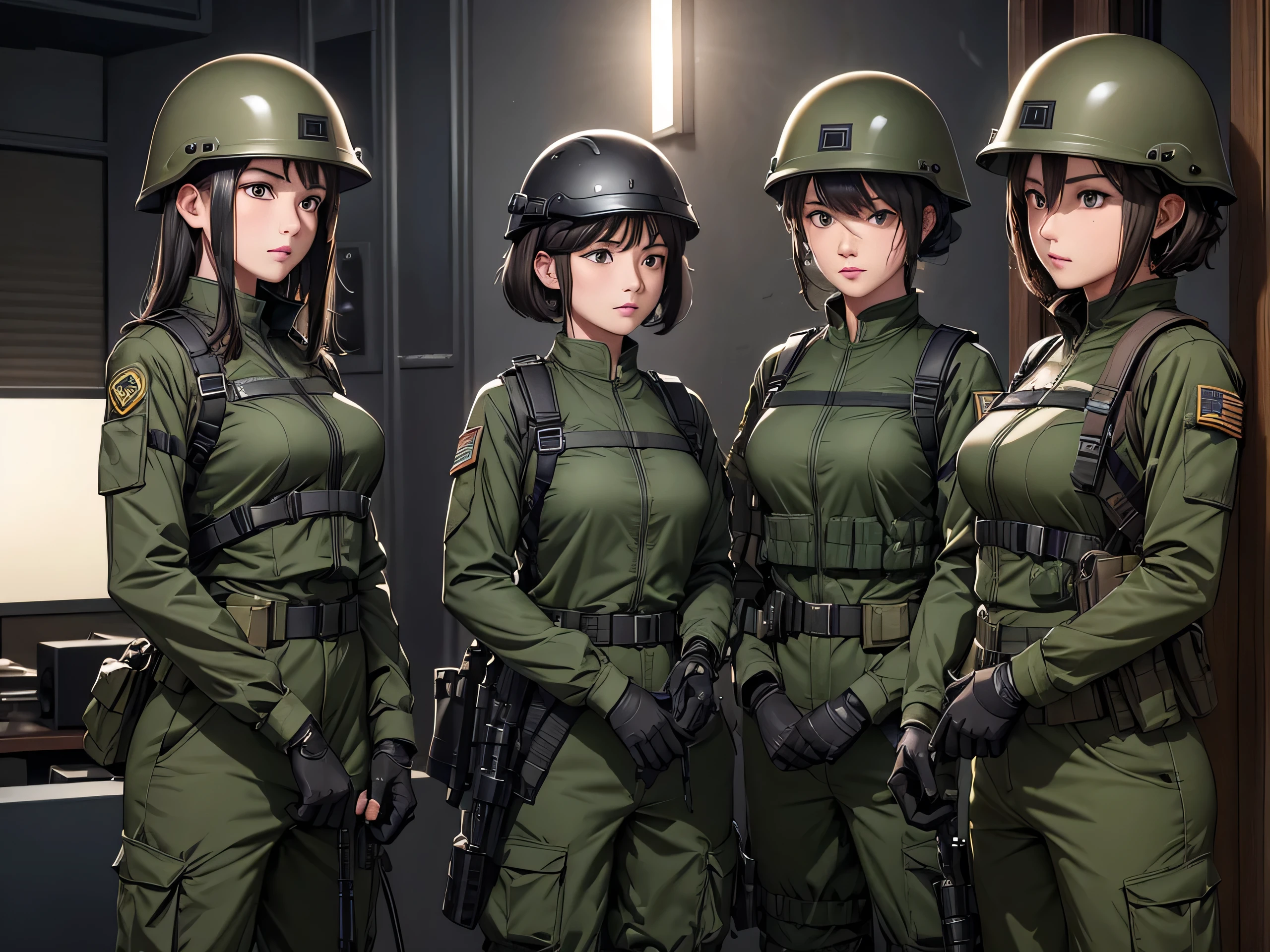 Four female soldiers wearing special forces helmets，Dark green M51 military uniform、Frontal close up、Side-by-side stations、military trousers、Magazine Pouch、Tactical harness、Elbow pads，Knee pads，Military base gate，Write details、masterpiece、best quality、Highly detailed CG、8K picture quality、theater lighting、lens flare