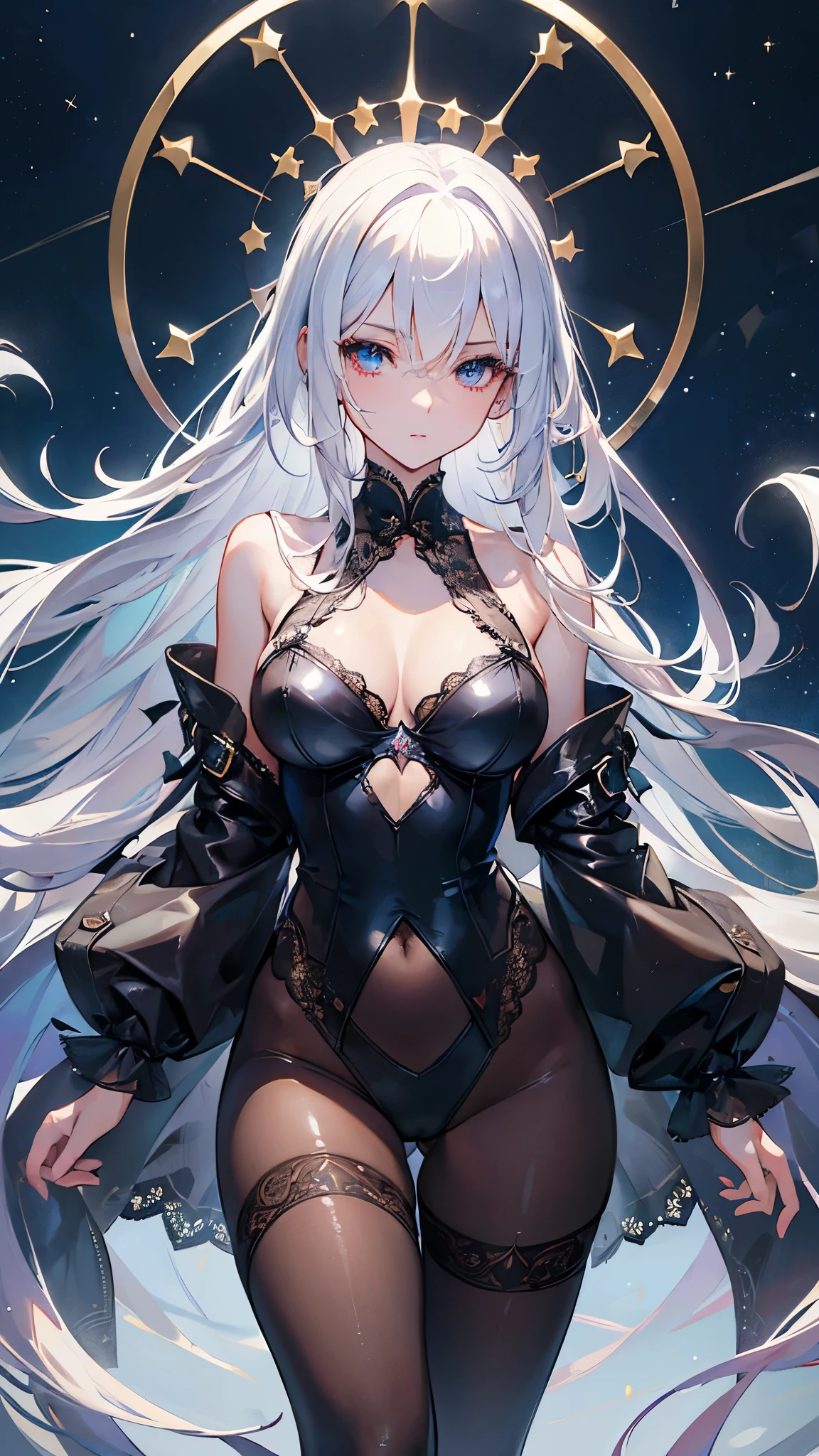 1girl, anime, cute girl, blank background, white background, fantasy, detailed fantasy dress with highlights, beautiful face, beautiful eyes, dark colors, black hair with multicolor streaks, red eye with different color pupil in eye, multicolor eye, medium breasts, slight cleavage, beautiful skin, cute, breast curtains, extremely delicate and beautiful, (beautiful detailed face:1.0), (detailed deep eyes), symmetrical breasts, deep eyes, shiny skin, portrait, slender waist, hips wider than shoulders, thighs, expressionless, young girl, luminous eyes, adorable，（Kpop idol）,（aegyo sal：1），（Platinum blonde hair：1），（（puffy eye）），Black panty，sexy posture，Superskirt, Ultra-high resolution，Black collar，slim figure, Abdominal y tattoo, womb tattoo，Tight-fitting leg ring，y tattoo on half-body，Bare skin, Armored hand，Hidden fingertips，Hand covered，Arm covered，Fist covered,{{beautiful detailed fingers}}, tufts of hair, moderate beautiful breast:1.0,(masterpiece:1.2), best quality, high-res, HDR, perfect face, intricate armor, delicate blue filigree, intricate filigree, red metalic parts, detailed part, dynamic pose, dynamic lights, cute face, neutral expression