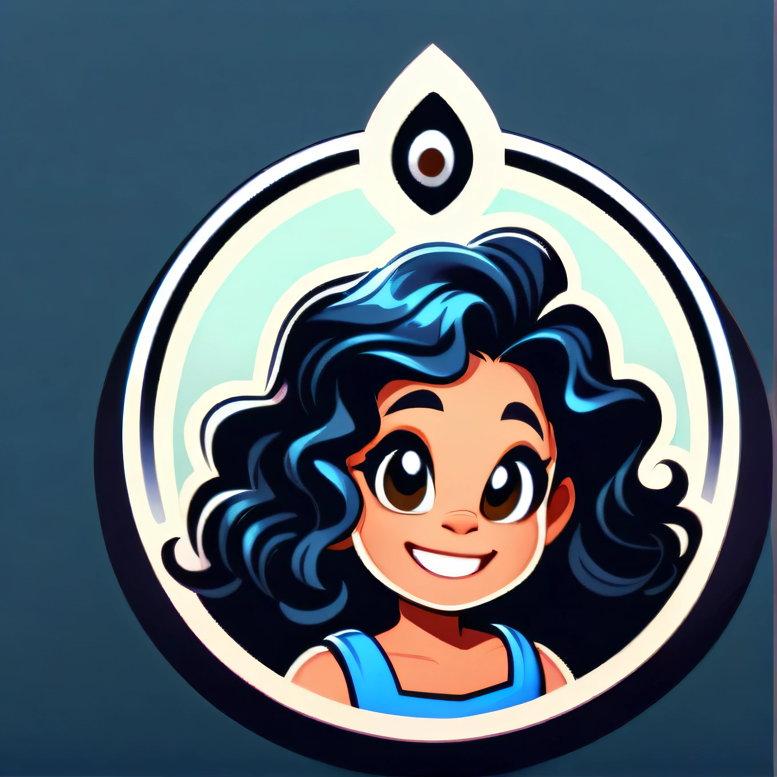 Round logo, blue background, young girl, (((black wavy hair))), brown eyes, big cheeks. Small smile, lips parted, white teeth. (LILO and Stitch, 1.03). Mila’s custom jewelry creations. 