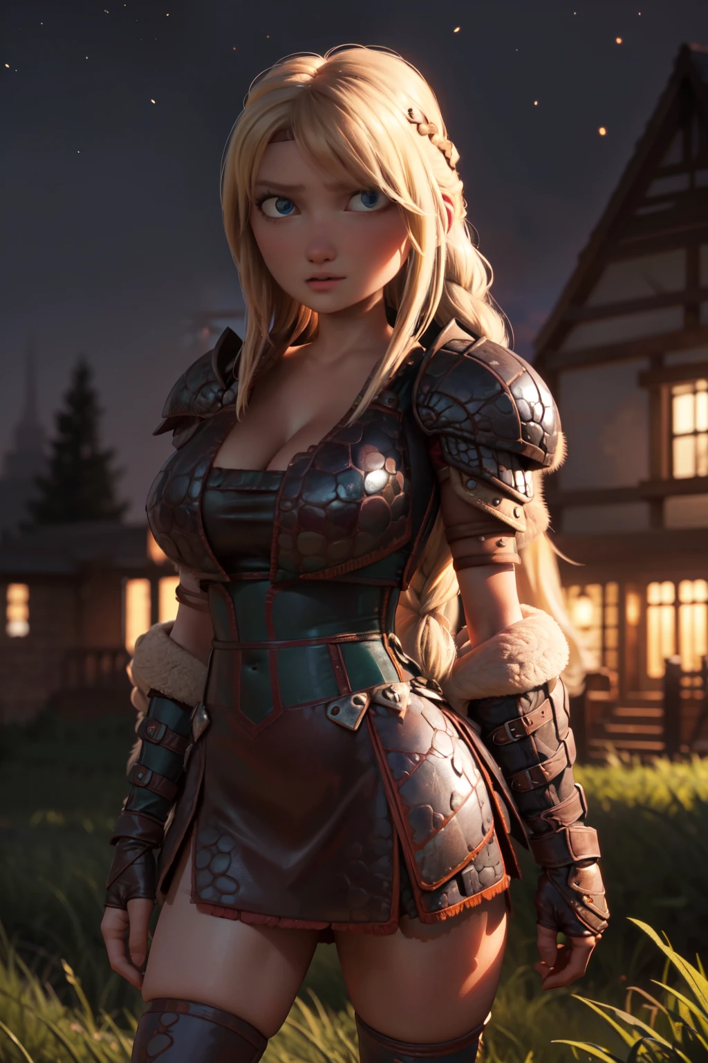 masterpiece, high quality, best quality, realistic, perfect face, expressive eyes, astrid hofferson, 1girl, solo, blonde hair, (braided-hair, single-braid:1.2), long hair, blue eyes, armor, huge breasts, v-cut, absolute cleavage, voluptuous, zettai ryouiki, (dark, night, darkness:1.3), depth of field, cinematic lighting, standing, contrapposto