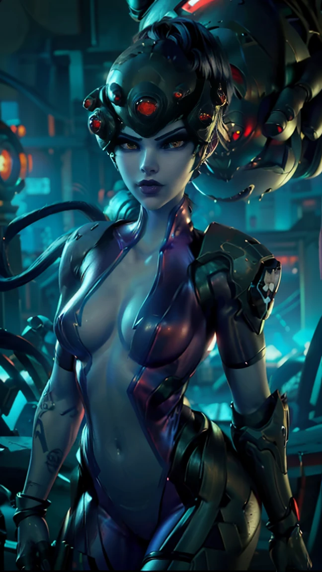Una imagen Hyperrealista, ((Sexy Widow Maker from overwatch, sexy suit, with a black widow spider on her hand. neon city at the background, raytraced, viento, paisaje neon, (aesthetics and atmosphere:1.2), bella, sexy, mirada malvada, ojos intensos y morados, medio cuerpo. (foto cruda, mejor calidad), (realista, photo-realista:1.3), Obra maestra, un extremadamente perfecto y hermoso cuerpo, labios sexys morados, cuerpo palido lila, extremadamente detallado, Best quality score, ultra dynamic view, close up, high view, spider black widow on her hand