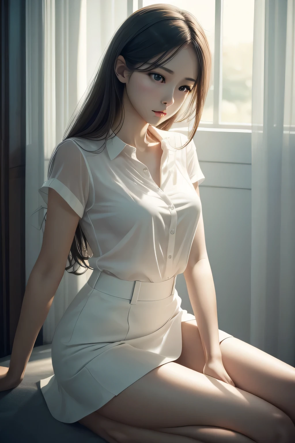 (Photoreal: 1.4), (Hyperrealistic: 1.4), (Realistic: 1.3), (Smooth Lighting: 1.05), (Improved cinematic lighting quality: 0.9), 32K, 1 female, 24 years old business woman, sitting in a chair with her knees together, realistic lighting, backlight, face light, ray tracking, (bright light: 1.2), (Quality improvement: 1.4), (Top quality realistic textured skin: 1.4), Fine detailed eyes, Detailed face, Fine quality eyes, Dark brown eyes, (Tired, sleepy and satisfied: 0.0), White blouse, dark blue tight skirt with slit on the side without any frills fitting the body, dark brown hair, white shiny silk socks, black strap pumps, bright morning light, White wall background with shadows by the window, light leaking from the leaves silhouettes and falls on the wall