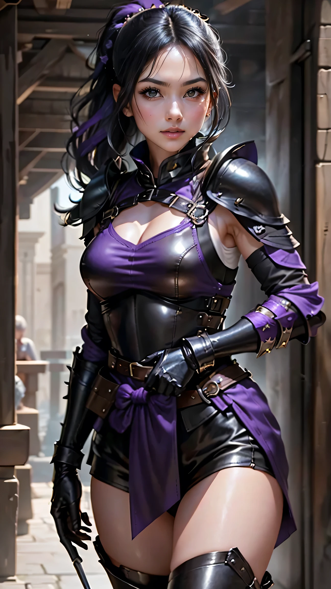 highest quality、masterpiece、8k、Realistic、超High resolution、Very delicate and beautiful、High resolution、Cinema Lighting、medium range shooting、Portraiture、Perfect female body、Opposition、Looking at the audience、((Female Mercenary from Another World、Close-fitting leather bib:1.6、Black gauntlets with purple trim:1.4))、Glamorous body、Flexible body、(Shiny black hair、ponytail:1.3、Sharp Eye)、Throwing knives on shoulder and hip、Stealth Skills、glossy smile、Battlefield of Another World、well experienced、Reward Gold Bag、Loyalty to friendship、People who walk a difficult path々、contract、strategy。