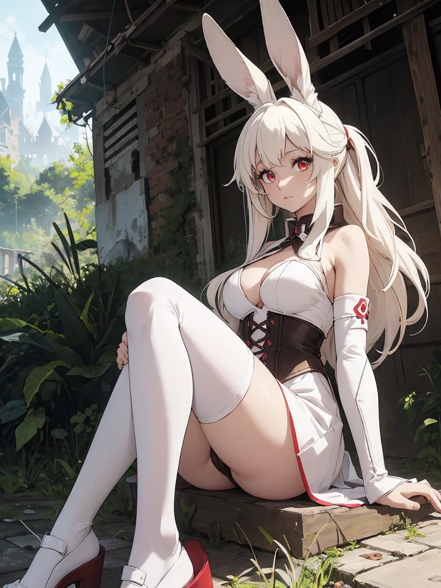 a rabbit girl happy in the ruins, (rabbit girl)(best quality,high resolution, masterpiece:1.2), female focus, (one girl:1.5), (free hands), beautiful eyes, (white hair:1), detailed eyes, (rabbit ears), (red eyes:1.2), white cloak, happy, fleshy lips, hair ornament, leather armor, Clothes made of tanned leather, detached sleeves, wrist guard, white thighhighs, shin guards, perfect quality, good quality, masterpiece, (arms crossed1.2), Prepare-se para mergulhar em um mundo onde a beleza e o artesanato se fundem perfeitamente, anatomically correct. ultra nitidez