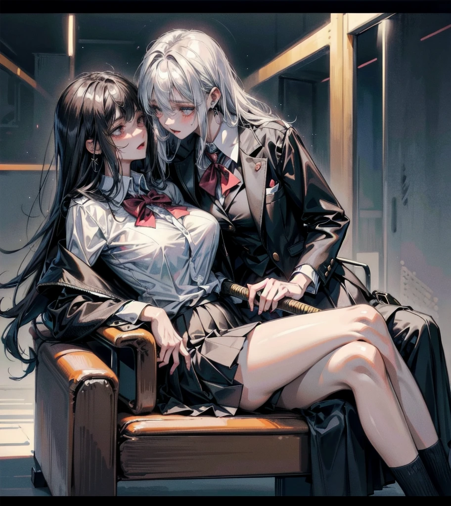 (((yuri))), (((2 girls))), ((school uniform)), blazer, skirt, absurdres, RAW photo, extremely delicate and beautiful, masterpiece, Best Quality, ultra high resolution, 32k, hyperrealistic, ultra-detailed, detailed description, perfect anatomy, pale skin, 20 years old, detailed beautiful face and eyes, tearful mole, earring, short medium hair, wavy hair, random colored hair, whole body shot, colossal tits,