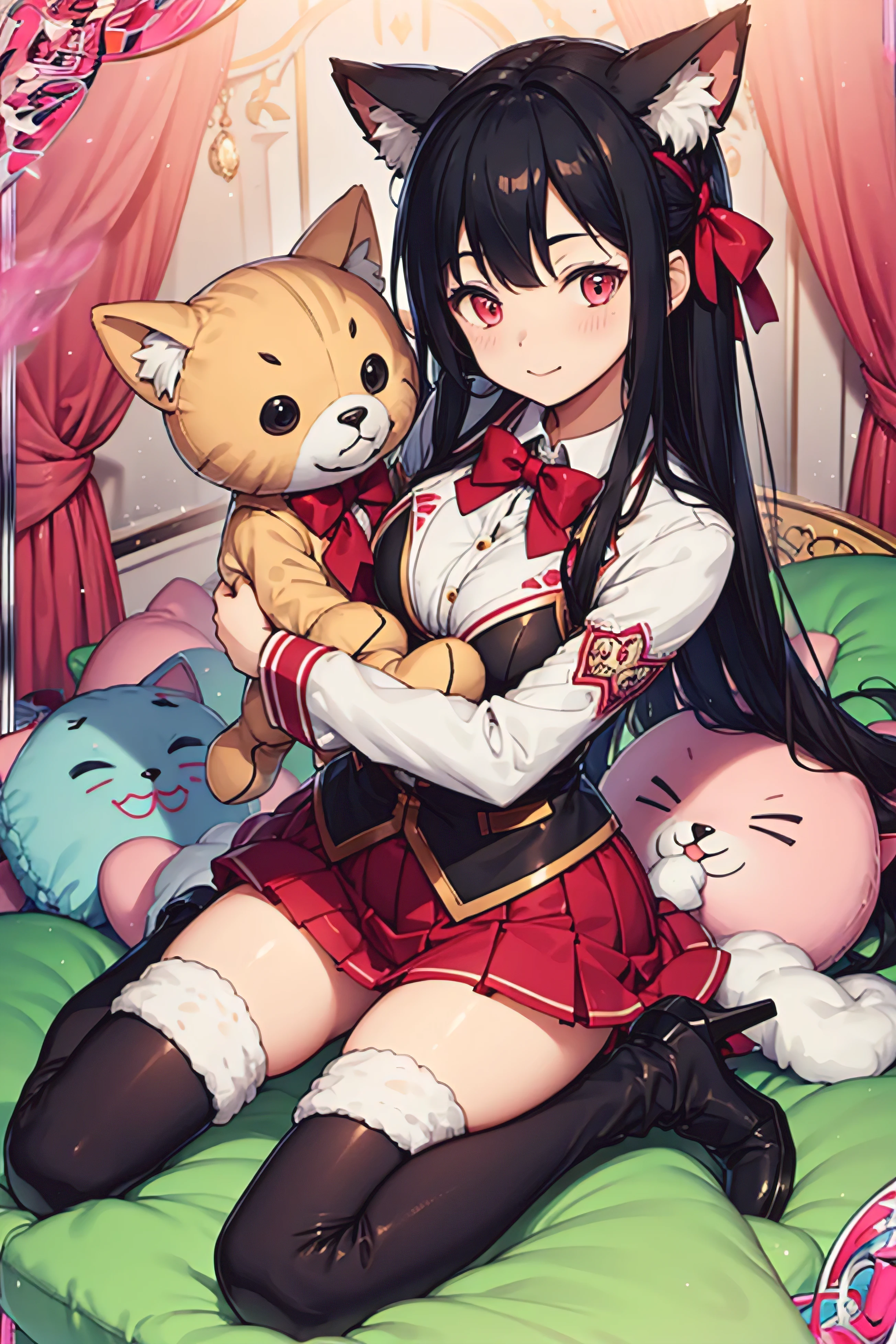 an outfit in black and pink pattern and boots with heels holding a stuffed cat and stuffed animal, 1girl, skirt, solo, boots, thighhighs, stuffed toy, over-kneehighs, stuffed animal, knee pads