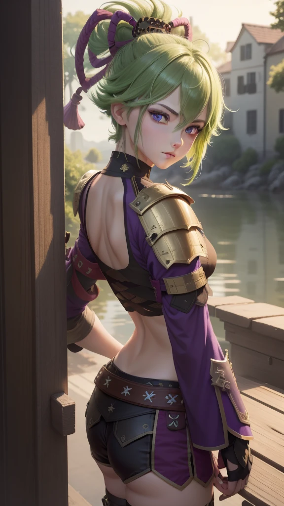 Tolerate, Kuki Tolerate, green hair, hair between eyes, ponytail, short hair, (purple eyes:1.1),
rest armor, bare shoulders, black Gloves, cropped jacket, fishnet top, fishing net, Gloves, gold trim, hair accessories, jacket, Leg armor, diaphragm, Off the shoulders, partially fingerless Gloves, purple jacket, shirt, short shorts, shorts, pauldron, sleeveless, sleeveless shirt,
rest looking at viewer,
rest outdoors,
rest (masterpiece:1.2), best quality, high resolution, unified 8k wallpaper, (illustration:0.8), (Beautiful and delicate eyes:1.6), extremely detailed face, perfect lighting, Extremely detailed CG, (perfect hands, perfect anatomy),