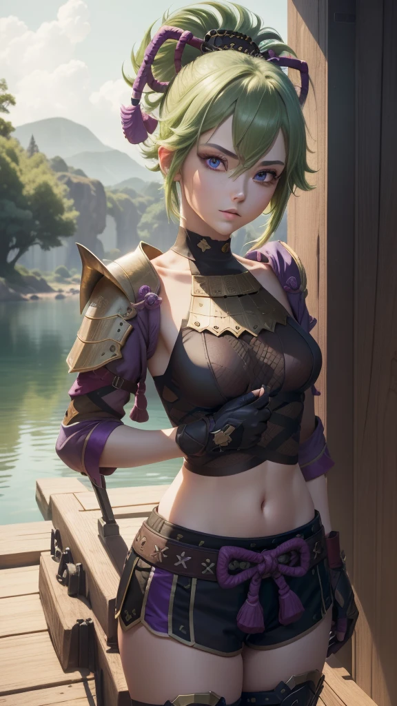 Tolerate, Kuki Tolerate, green hair, hair between eyes, ponytail, short hair, (purple eyes:1.1),
rest armor, bare shoulders, black Gloves, cropped jacket, fishnet top, fishing net, Gloves, gold trim, hair accessories, jacket, Leg armor, diaphragm, Off the shoulders, partially fingerless Gloves, purple jacket, shirt, short shorts, shorts, pauldron, sleeveless, sleeveless shirt,
rest looking at viewer,
rest outdoors,
rest (masterpiece:1.2), best quality, high resolution, unified 8k wallpaper, (illustration:0.8), (Beautiful and delicate eyes:1.6), extremely detailed face, perfect lighting, Extremely detailed CG, (perfect hands, perfect anatomy),