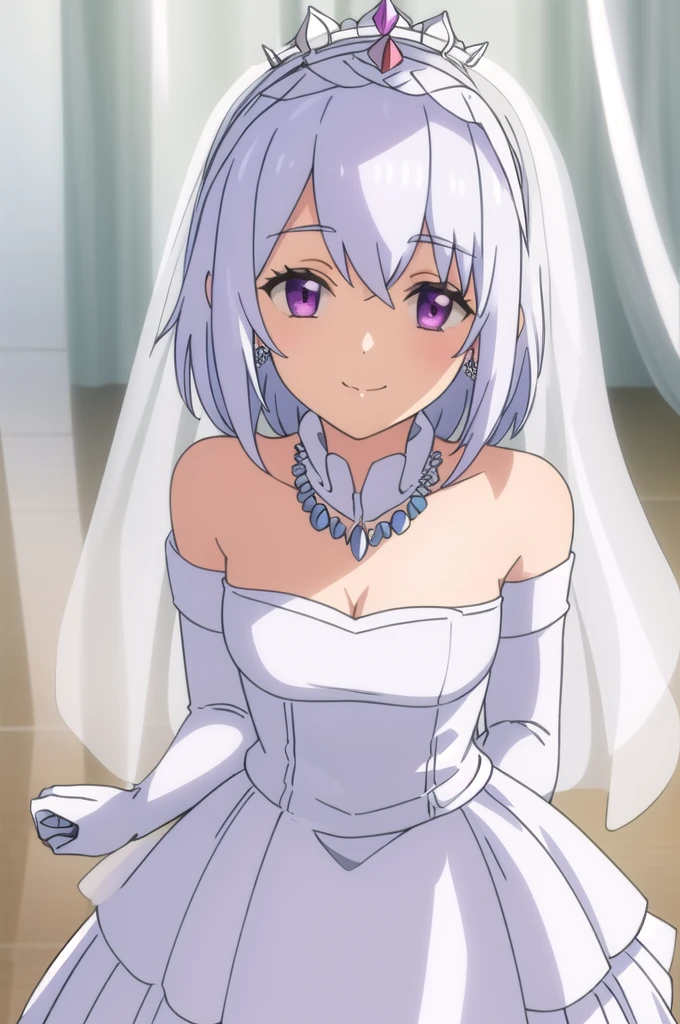 ((Best quality))),((Ultra-detailed)),((illustration)),((Disheveled hair)),((frilld)),(1 girl),(Solo), 1girl,solo,rating:safe,wedding,bare_shoulders,breasts,bridal_gauntlets,bridal_veil,cleavage,clothing,crown,curtsey,dress,drop_earrings,earrings,elbow_gloves,female,female_only,gloves,headdress,headwear,jewelry,layered_dress,looking_at_viewer,necklace,skirt_hold,smile,standing,strapless,strapless_dress,tiara,veil,white_dress,white_footwear,white_gloves,short_hair,purple_eyes, silver_hair,wedding_dress