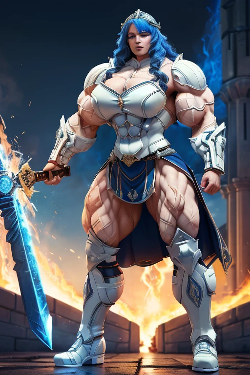 (((Massive, beautiful, buff, pale white skinned, muscular warrior princess with royal blue hair, black lipstick, ginormous bulky muscles, welding a fire sword and wearing a beautiful long armored royal blue warrior princess dress))), {close view}, vascular, massive muscles, massive biceps, hyper muscle shoulders, hyper muscle triceps, (long wavy curly hair), white eyes, long beautiful princess skirt, warrior boots, closed smile, in a castle, at evening, hyper muscles arms, hyper muscle legs, massive arms.