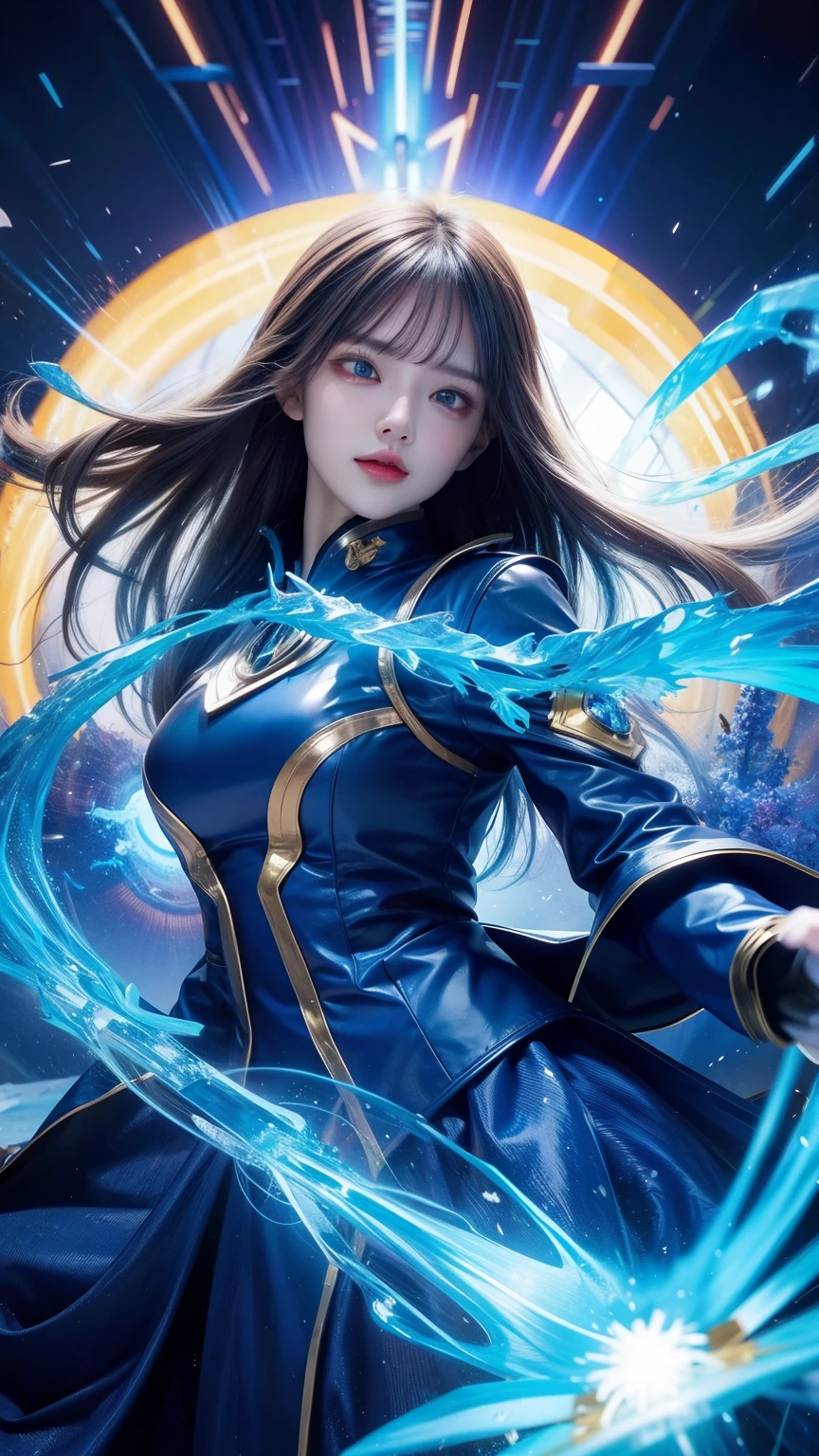 digital analysis, anime style, woman, elemental mage engulfed in blue flames and yellow lightning, color chaos, gold and ice tones, depth of field, beautiful, highly detailed, surreal, cinematic lighting, clear, spatial background, cinematic lighting soft, (backlight: 1.2), (blossom: 1.2), (brightness: 1.1), (chromatic aberration: 1.2), sharp focus, high contrast , masterpiece, realistic, dynamic pose.