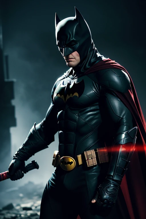 a highly detailed and realistic Batman wearing a black and red costume, holding a weapon in his hand, in a fighting pose, 8k, high resolution, photo-realistic, cinematic lighting, dramatic shadows, depth of field, volumetric fog, hyper realistic, masterpiece