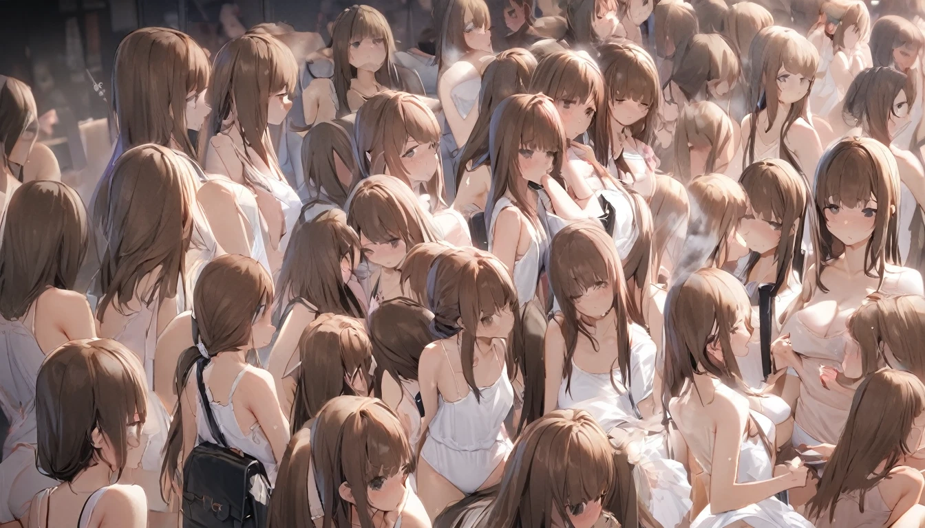 A crowd of clone girls wearing sleeveless white underwears, sleeveless White tank top underwear,sleeveless White camisole underwear, White panties underwear,leather shoes and shoulder bags commuting to work,Everyone in the same underwear,multiple clone girls, 20000+ clone girls,masterpiece,high detailed,best quality,All Girls,Wear only white underwear,brown hair,black eyes,long hair