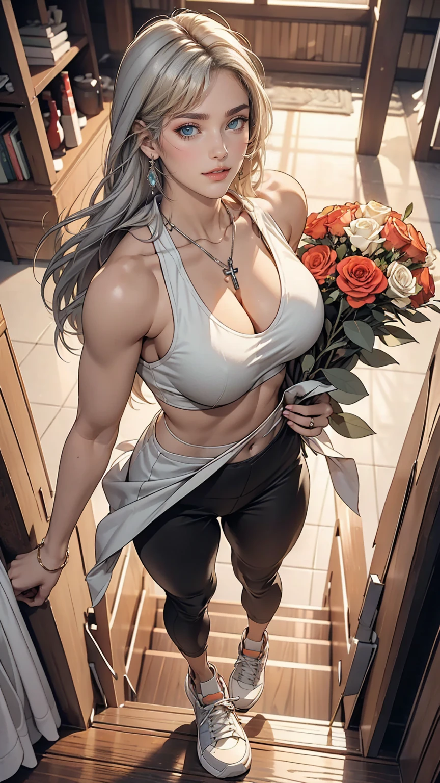 White woman、Silver Hair、Straight Hair、long hair、Sexy proportions、Big Breasts、Cleavage Emphasis、Wear a cross halter top、Navel visible、Wear low rise leggings、Wear sneakers、smile、View from above、holding a bouquet of flowers in both hands