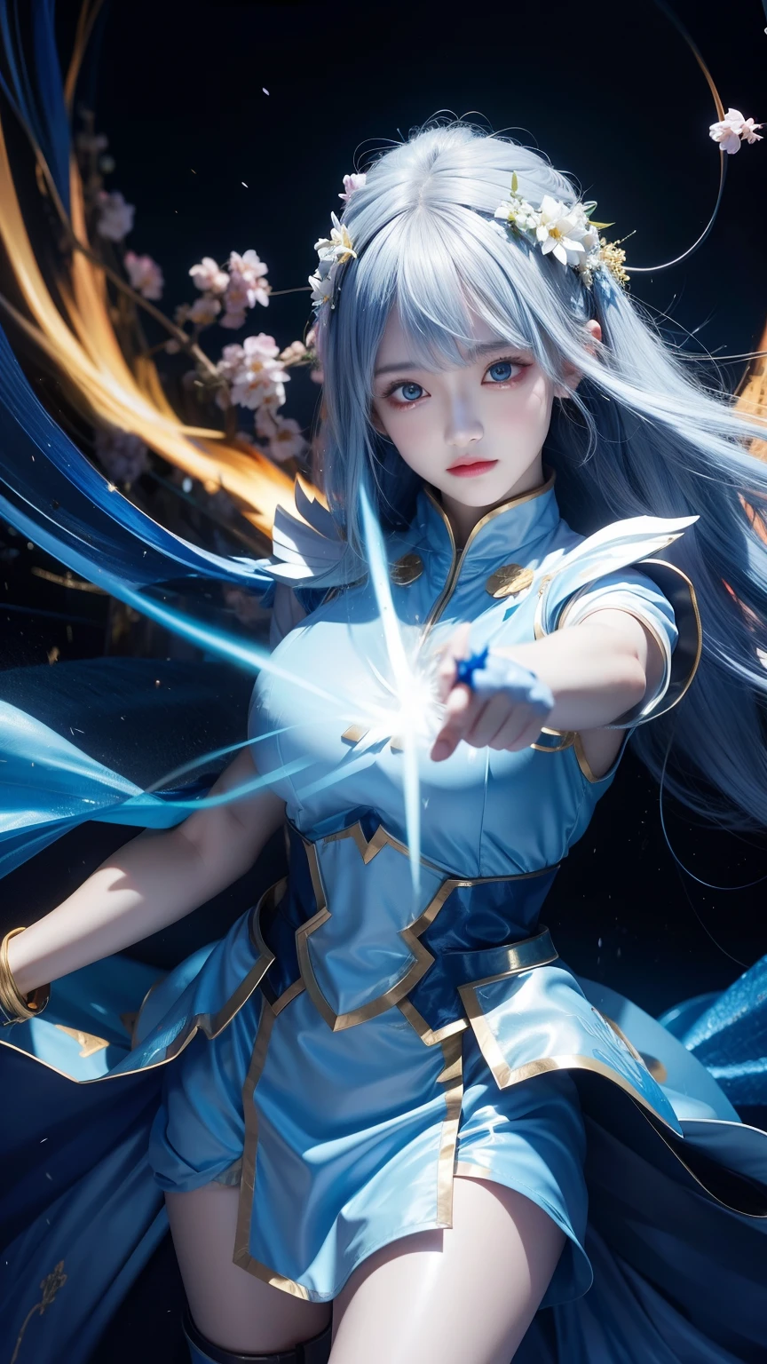 digital analysis, anime style, woman, elemental mage engulfed in blue flames and yellow lightning, color chaos, gold and ice tones, depth of field, beautiful, highly detailed, surreal, cinematic lighting, clear, spatial background, cinematic lighting soft, (backlight: 1.2), (blossom: 1.2), (brightness: 1.1), (chromatic aberration: 1.2), sharp focus, high contrast , masterpiece, realistic, dynamic pose.