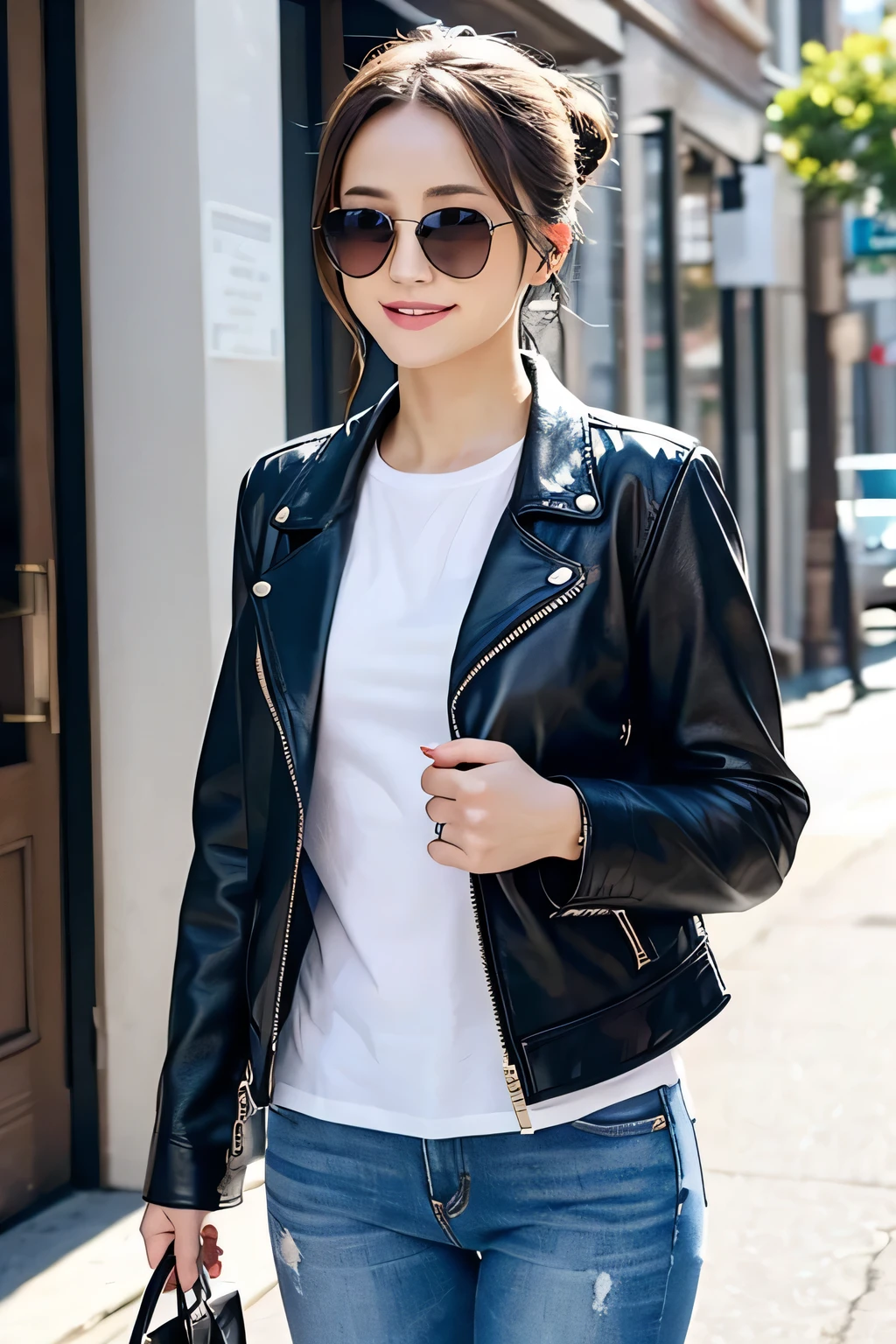 (masterpiece:1.2, best quality), 1lady, solo, upper body, big tits, Chic and edgy leather jacket paired with a classic white t-shirt and distressed jeans Confident and effortless with minimal makeup and a messy bun (Music festival or a trendy downtown neighborhood) Statement sunglasses and chunky jewelry, With a cross-body bag for convenience Smileずれたサングラス