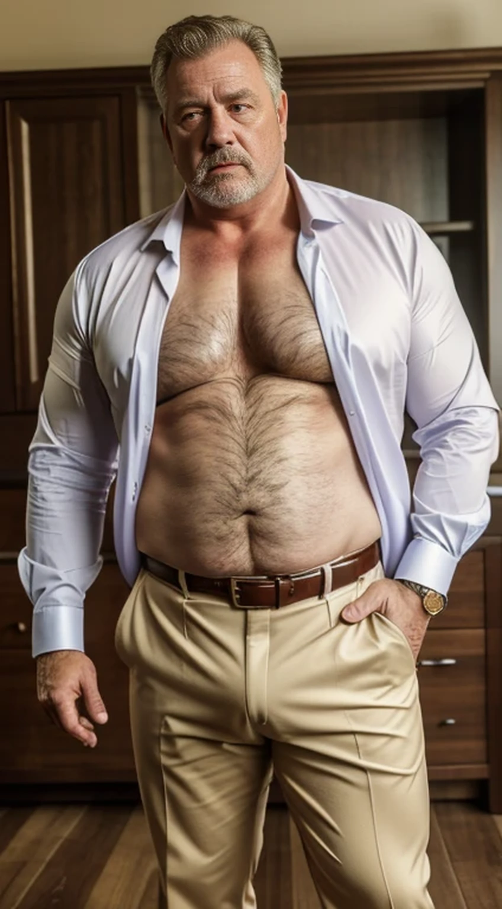 (best quality,4k,8k,highres,masterpiece:1.2), age 60, white man detective , horny disgusting, muscular chubby, kind, open shirt, mature daddy, Dress Pants with big hard bulge, hairy chest hard nipple, belt, loafer,
