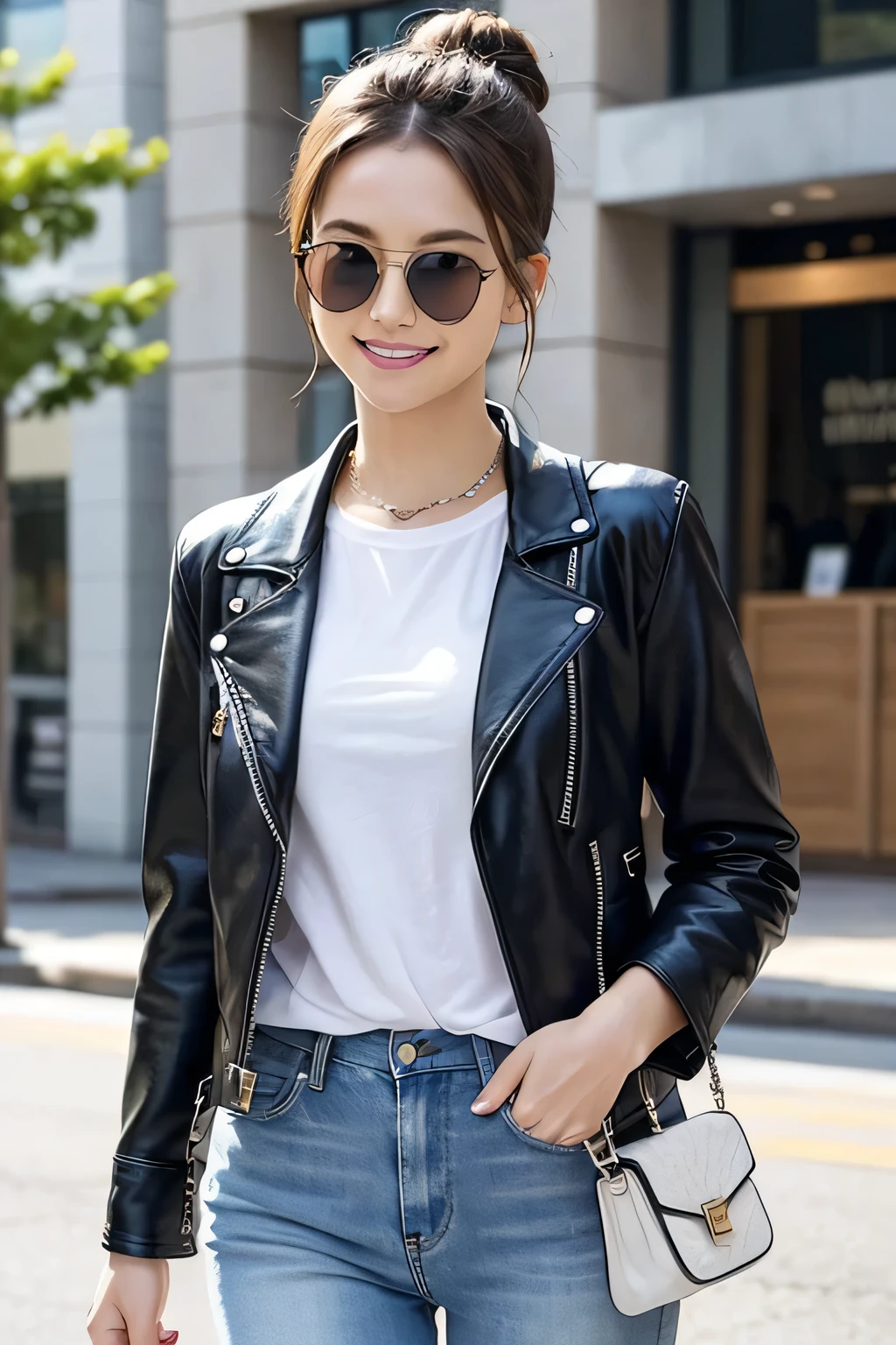 (masterpiece:1.2, best quality), 1lady, solo, upper body, big tits, Chic and edgy leather jacket paired with a classic white t-shirt and distressed jeans Confident and effortless with minimal makeup and a messy bun (Music festival or a trendy downtown neighborhood) Statement sunglasses and chunky jewelry, With a cross-body bag for convenience Smileずれたサングラス