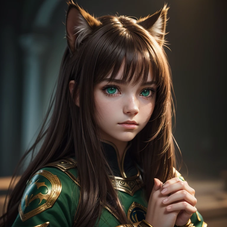 (((medium full shot))), (best quality, ultra-detailed:1.3), (nice hands, perfect hands), official art, cinematic light, (1girl:1.3), furry girl, sabre cat girl, brown hair, green eyes, semi-animal girl, portrait