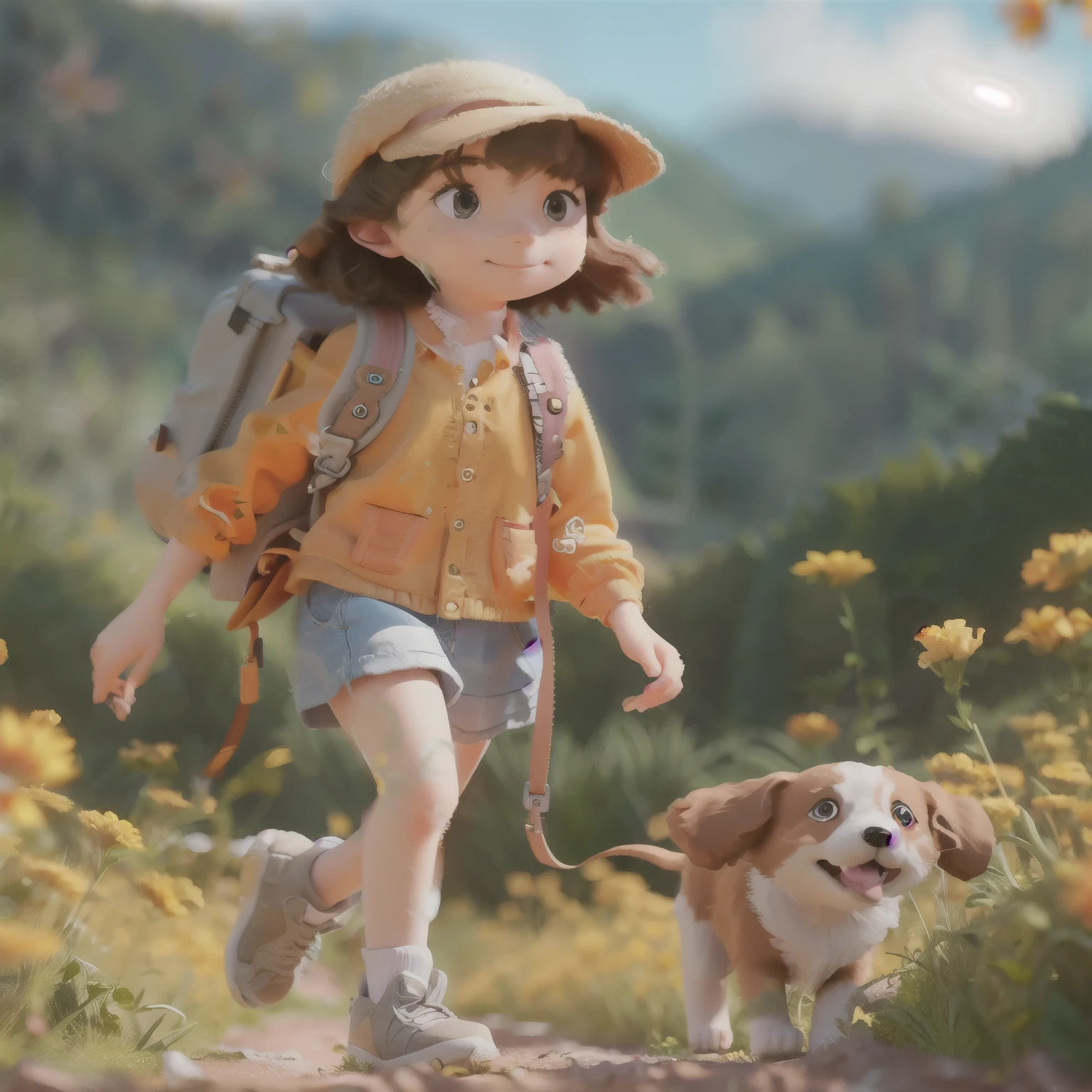 A very charming with a backpack and her cute border collie puppy enjoying a lovely spring outing surrounded by beautiful yellow flowers and nature. The illustration is a high-definition illustration in 4K resolution with highly detailed facial features and cartoon-style visuals.