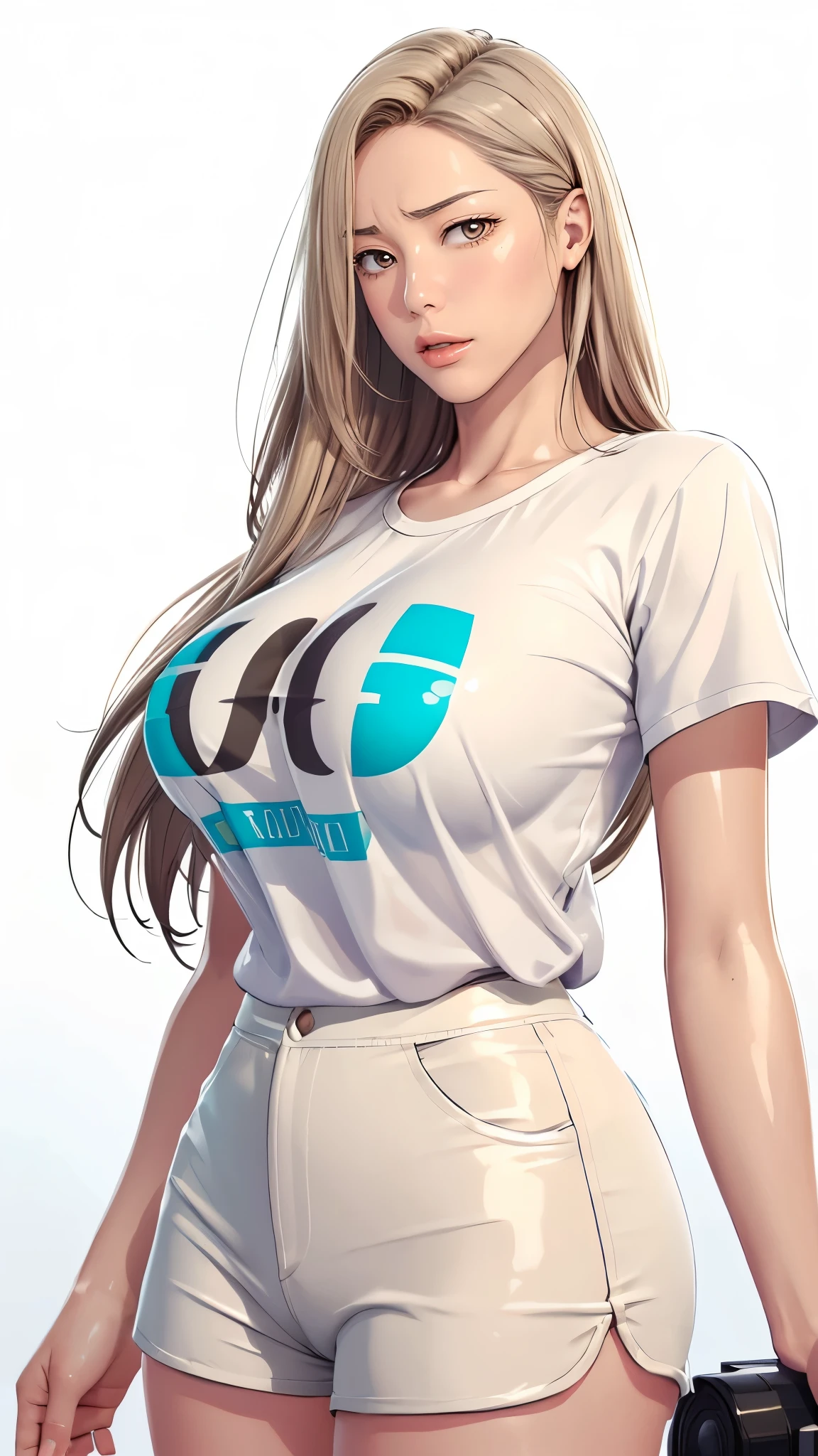 (((完美figure,figure,solo, White and tender skin,(((Cyberpunk,short sleeves, dolphin shorts, t-shirt, pink shorts, white shirt, , ))),(((MiaChadef, long hair, blonde hair, brown eyes,,))),((masterpiece)),high resolution, ((Best quality at best)),masterpiece,quality,Best quality,((( Exquisite facial features,Looking at the audience,There is light in the eyes,(((lol,Happy,))),))),(((Light and shadow,Huge breasts))),(((Looking at the camera,White background,))))