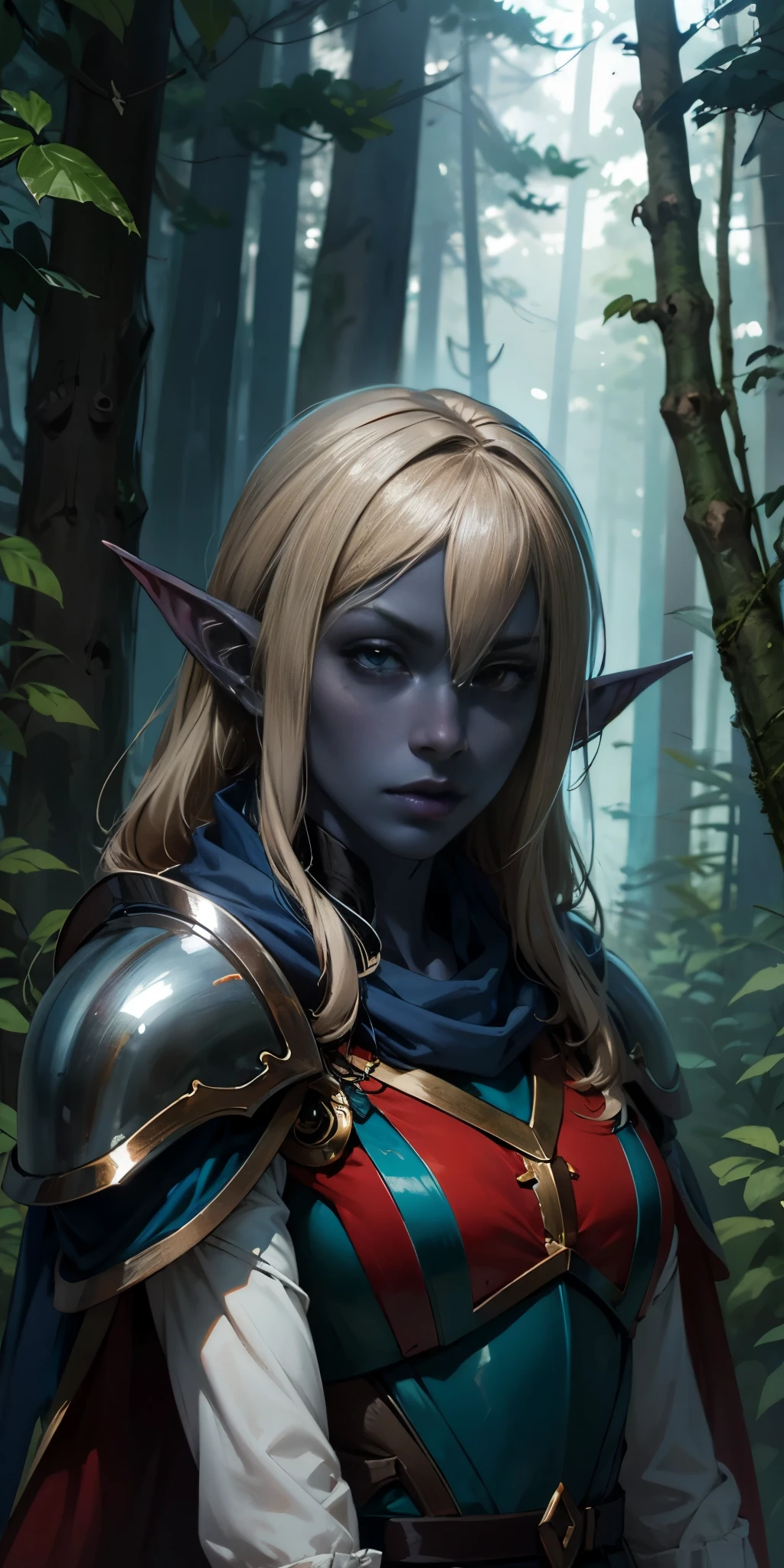 masterpiece, best quality, CG, wallpaper, HDR, high quality, high-definition, extremely detailed, drow, colored skin, dark elf, blue skin, grey skin, pointy ears, cape, armor, looking at viewer, 1girl, forest, dark forest, mythical forest, dimmed light, brown eyes, long hair, chibi