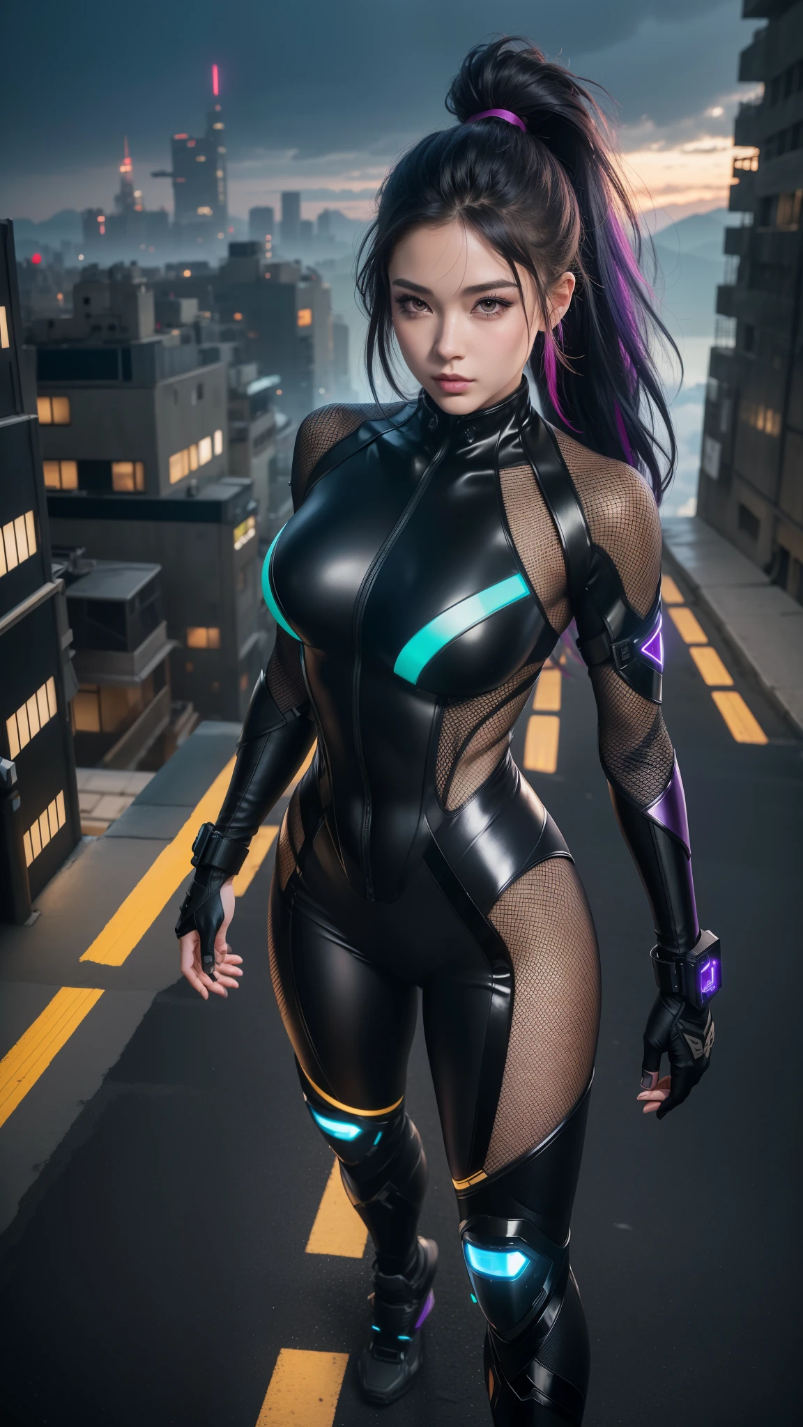 (best quality, masterpiece), realistic, a beautiful woman in ninja suit, Combat Suit, ninja girl, ninja cyber, (ponytail, expressive hair, shiny hair, multicolored hair, colored inner hair, straight hair, very long hair), thick thighs, fair skin, rosy cheeks, mascara, aqua eyes, Long eyelashes, eyeliners, eyeshadows, glossy lips, eyeshadows, evening makeup, hourglass body, ((cyber ninja suit, Combat Suit), Neon light, shining, mesh suit, fishnet, (ninja armor)), neon light, glowing, highly detailed face, (twilight sky, buildings on the mountain, clouds, floating island with many cyber buildings Sci-Fi as background), high details background, fantasy art, black and Violet colors scheme, digital cyber mixed with realism, cyber art style, charming, standing pose, full body, (from above)