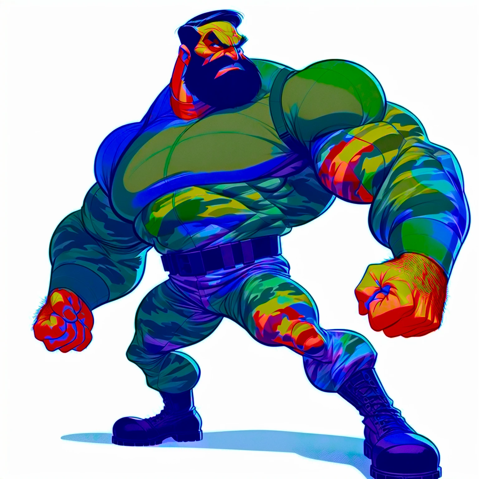 Bluto (popeye the sailor villain Bluto, bearded), 1960's animated hand drawn cartoon rotoscope, wearing Tight Combat Suit, Tight urban camo navy Combat Suit, too tight,  (full roygbiv color) ink charcoal expressive illustration, no light source, darkness, light mask uv rays across face, absurd, with rich color grading, cel shading, warm and unified colors, rotoscope, animated, VHS, glitch, distorted, nostalgia, 90's retro vibe, chonky, obese, hefty, heavy weight, hyper maximal, strange, hyperrealistic, rotoscope expressive ink bold line hand drawn, extremely intensely chonky, spilling over in all directions, hefty, rotund, obese, large, in a cinematic style, s, analog tape, vcr aesthetics, tv, television, hand drawn, minimal, precise,
