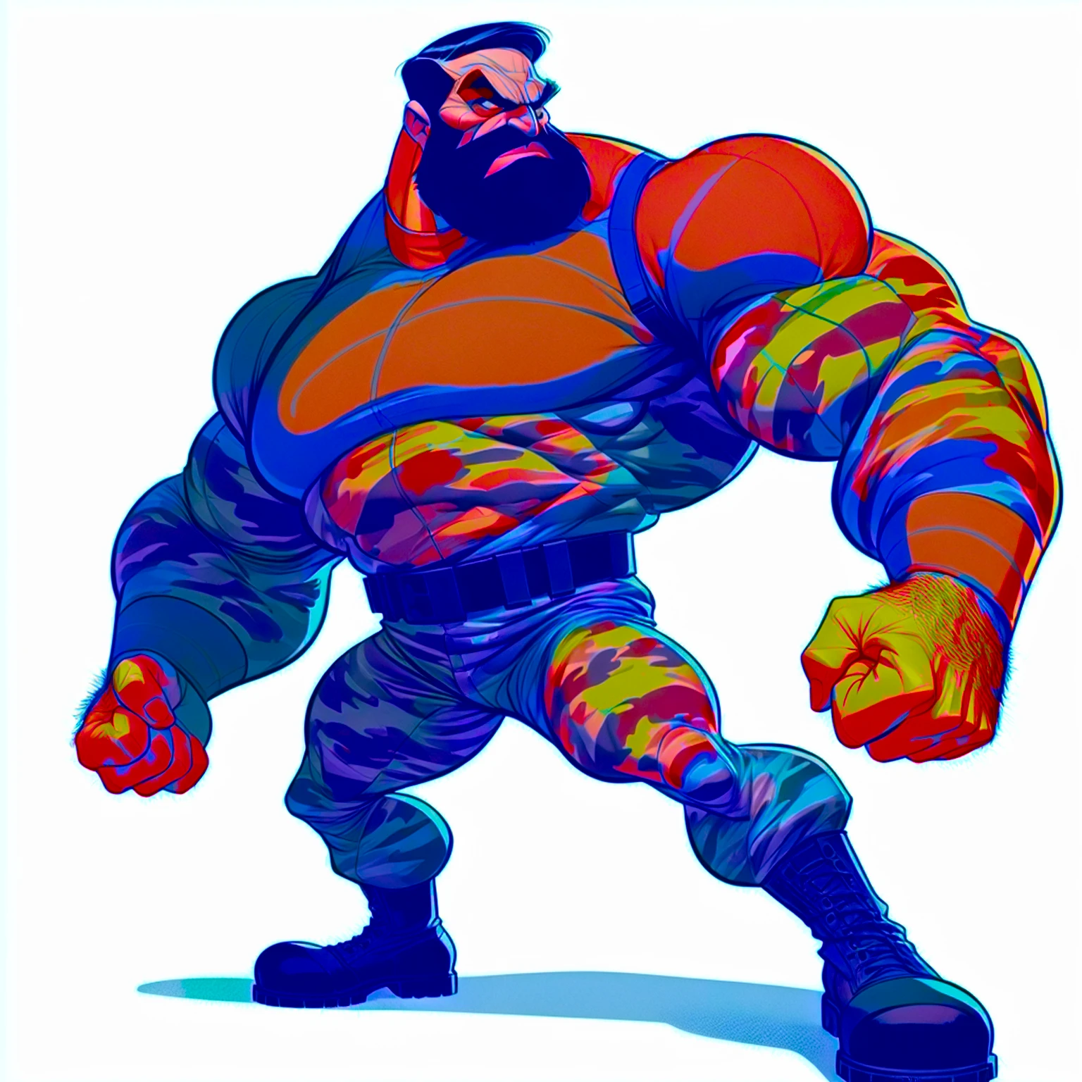 Bluto (popeye the sailor villain Bluto, bearded), 1960's animated hand drawn cartoon rotoscope, wearing Tight Combat Suit, Tight urban camo navy Combat Suit, too tight,  (full roygbiv color) ink charcoal expressive illustration, no light source, darkness, light mask uv rays across face, absurd, with rich color grading, cel shading, warm and unified colors, rotoscope, animated, VHS, glitch, distorted, nostalgia, 90's retro vibe, chonky, obese, hefty, heavy weight, hyper maximal, strange, hyperrealistic, rotoscope expressive ink bold line hand drawn, extremely intensely chonky, spilling over in all directions, hefty, rotund, obese, large, in a cinematic style, s, analog tape, vcr aesthetics, tv, television, hand drawn, minimal, precise,
