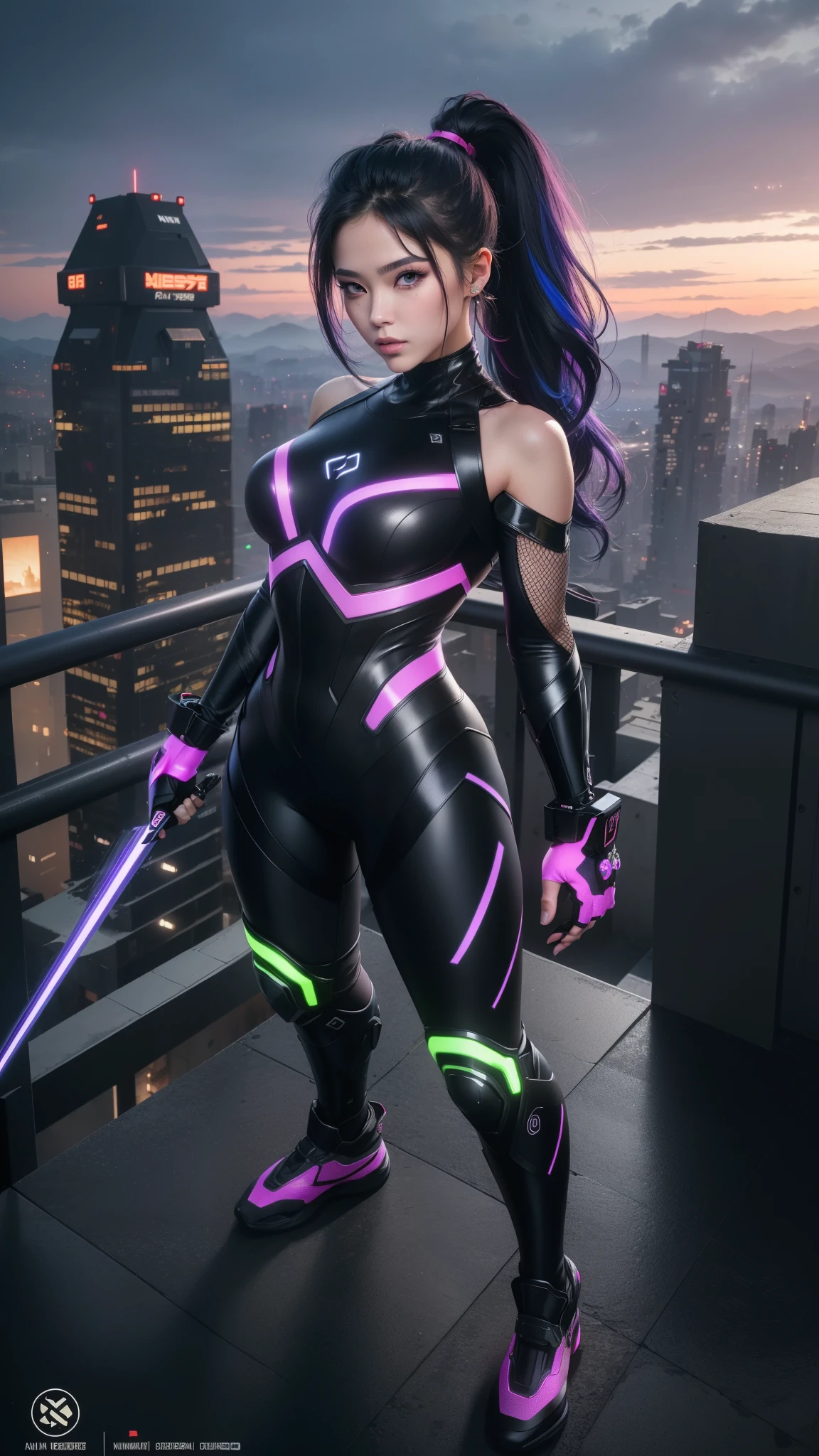 (Full body image of a woman/Kamen Rider/Mega Man-x/Cyberpunk), in a brothel in front of a bed, blue mohawk hair, staring at the viewer/grimacing with her tongue/holding futuristic weapons. Image with Max quality/resolution/sharpness/detail, Unreal Engine 5/Mortal Kombat, Cartoon/Anime style,