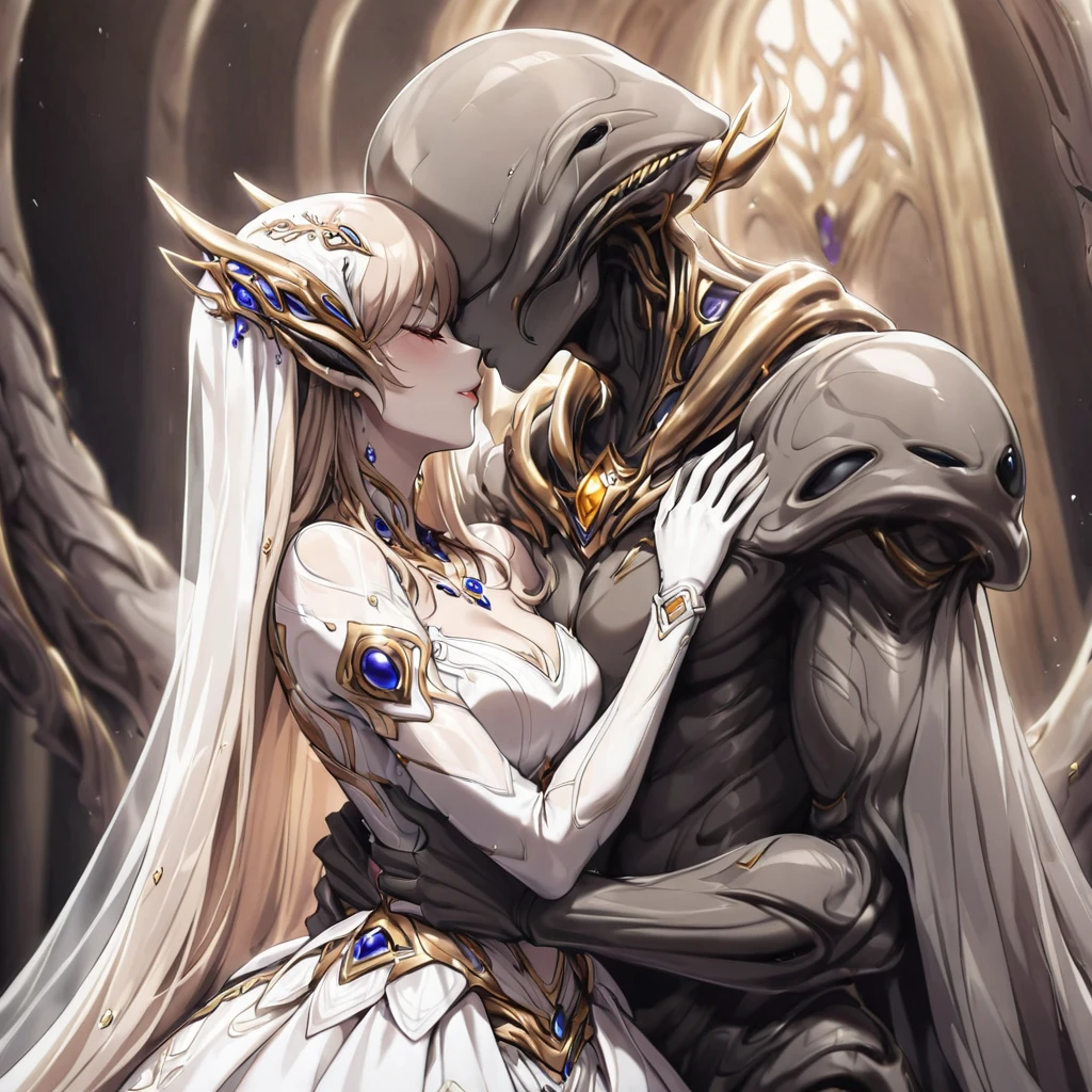 ((highest quality)), ((masterpiece)), (detailed), (Perfect Face)、(The woman is a beautiful and seductive alien queen named Princess Leona, who is of the same species as an alien and has an alien body. She has long, straight light brown hair, a slender body, but normal breasts, and is wearing an alien suit and decorated with alien ornaments.)The woman is in the alien nest, snuggling up to her -yeld al princess daughter, smiling as she watches over her daughter in a princess outfit.、The 16-year-o daer ispretty alien princess with an alien body, wearing a formal alien princess dress and luxurious alien princess accessories, smiling and embracing her beloved mother.