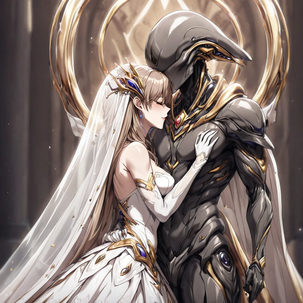 ((highest quality)), ((masterpiece)), (detailed), (Perfect Face)、(The woman is a beautiful, seductive and elegant alien queen named Princess Leona, who has become the same species as an alien and her body has been transformed into that of an alien. She has long, straight light brown hair, a slender body, but a normal chest. She is wearing a gorgeous, jeweled alien wedding dress and an alien wedding veil, and is dressed in a gorgeous and beautiful alien bridal outfit befitting an alien queen.)The woman is in the alien nest, and embraces the male alien, shares a deep kiss as a vow, and gets married and has a wedding ceremony.、The woman embraces the strong male alien and they share a deep kiss of promise. The male alien embraces the woman.