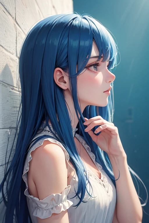 ((best quality)), ((masterpiece)), (detailed), A girl with blue hair, stress out, hand on face, side profile, eyes slightly close