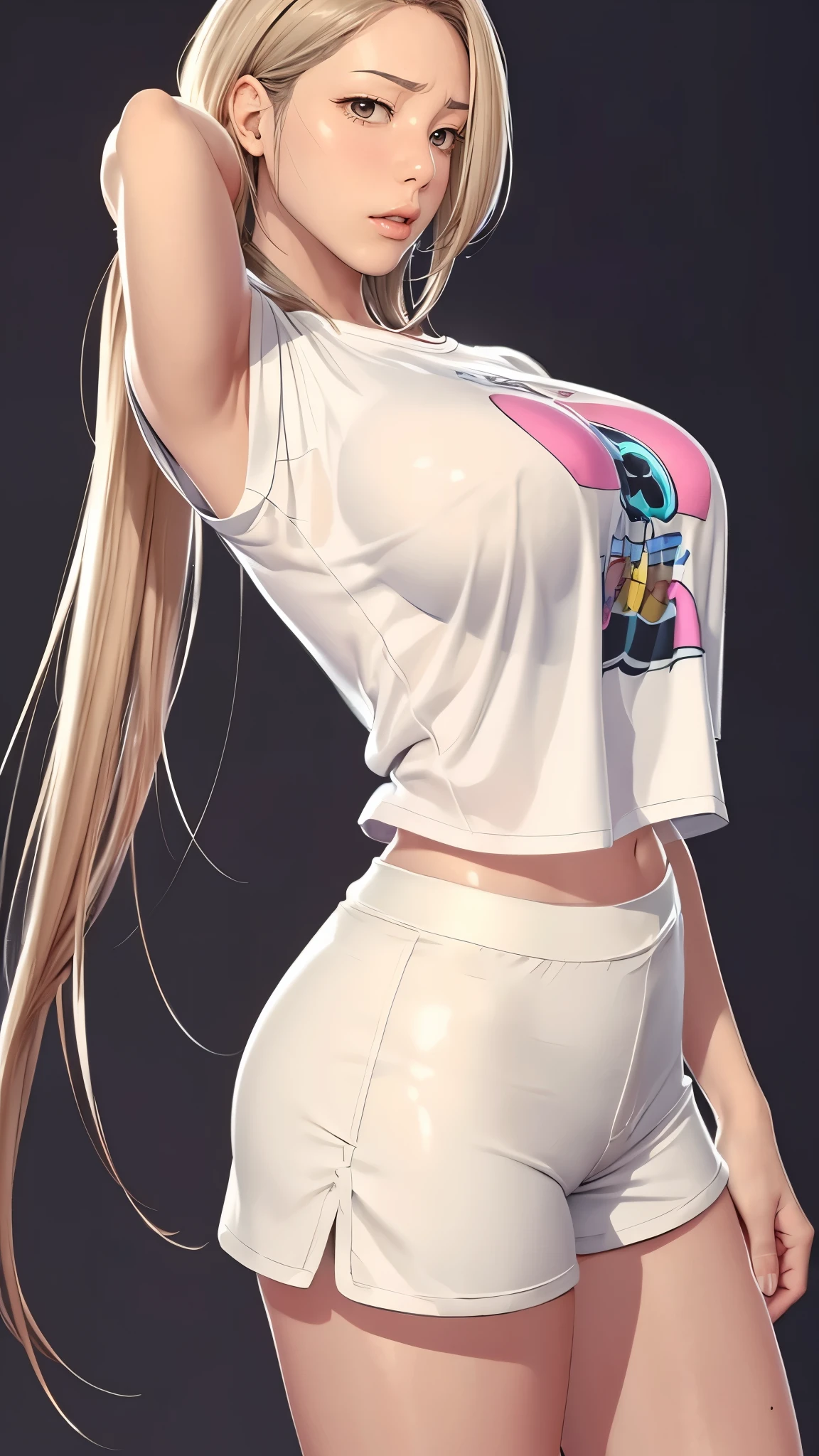 （（（完美figure，figure，solo， White and tender skin，（（（Cyberpunk，short sleeves,  dolphin shorts, t-shirt, pink shorts, white shirt, , ））），（（（MiaChadef, long hair, blonde hair, brown eyes,，））），((masterpiece)),high resolution, ((Best quality at best))，masterpiece，quality，Best quality，（（（ Exquisite facial features，Looking at the audience,There is light in the eyes，(（（lol，Happy，））），））），（（（Light and shadow，Huge breasts））），（（（Looking at the camera，White background，)）））