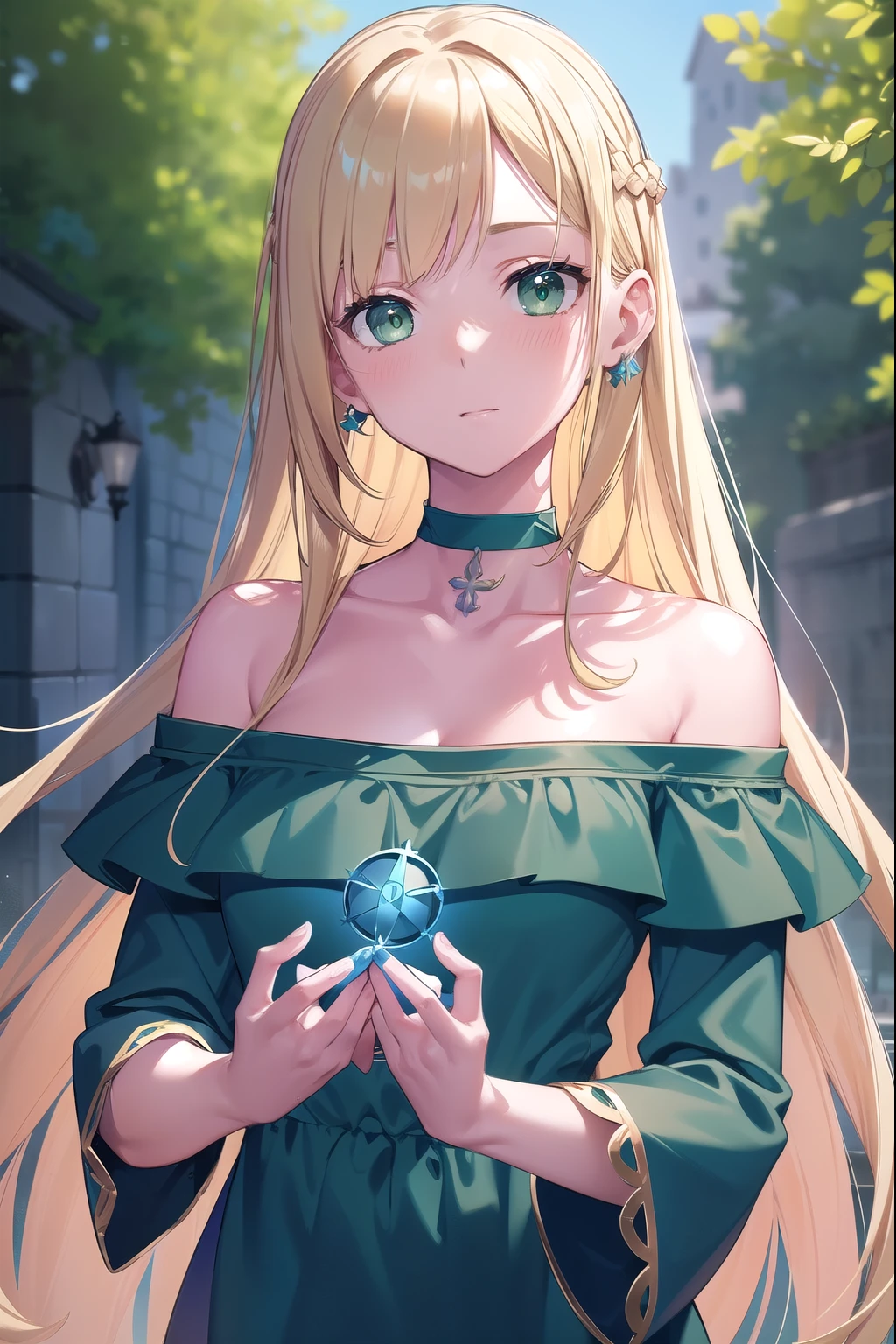 Blonde Hair, choker, (Green Eyes:1.5), Long Hair, break bare shoulders, Blue clothes, blush, blush stickers, Cleavage, clavicle, Ghibli, have, Off the shoulder, Pentacles, wizard have, (Blue clothes:1.5), break looking at viewer, break outdoors, city, break (masterpiece:1.2), highest quality, High resolution, Unity 8k, (shape:0.8), (Beautiful details:1.6), Highly detailed face, Perfect lighting, Extremely detailed CG, (Perfect hands, Perfect Anatomy),