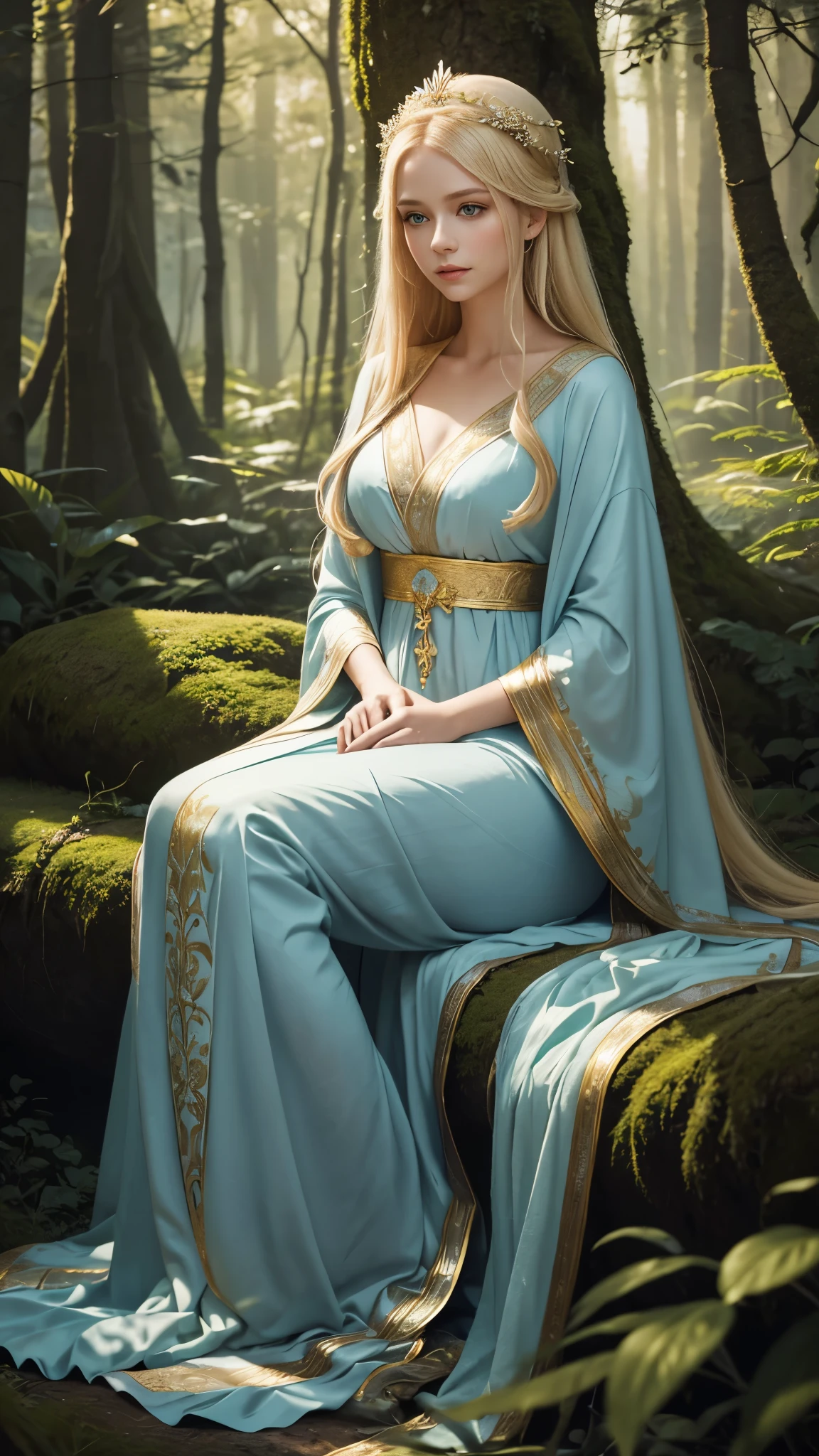 "A portrait of a young woman with long blonde hair and blue eyes sitting gracefully in a lush, mystical forest. Featured full length, from head to toe, she is dressed in a delicate pale blue robe with gold accents and intricate designs. A soft, ethereal light filters through the trees, casting a gentle glow on her. She has a serene expression and wears a delicate floral headpiece. The background features tall trees and soft, dappled light, creating a dreamy, enchanting atmosphere."
