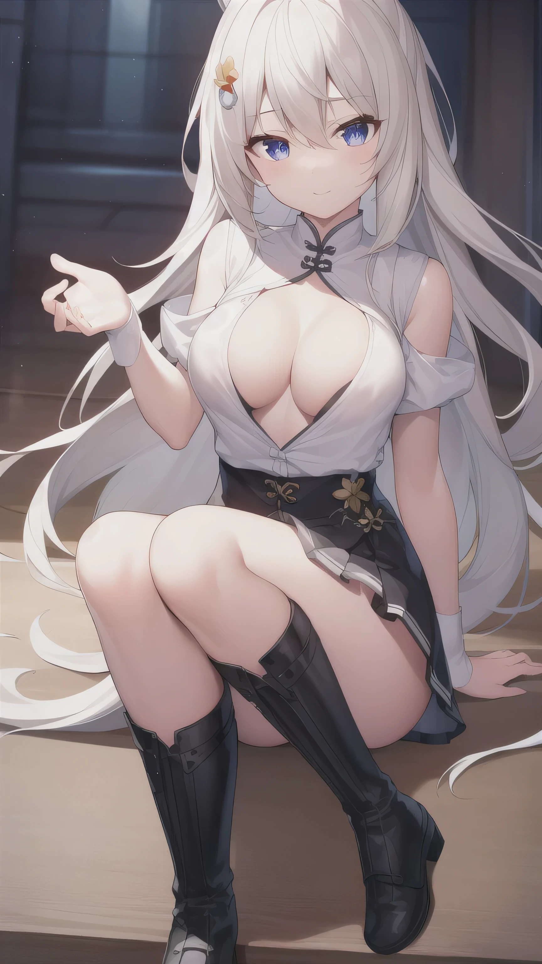 white hair,, Eye:1.5), (Medium Breast:1.2),
Rest special short skirt, skirt, White shirt， Seto Fuku,Low-cut，Open shirt，Close your eyes，boots，Cleavage rests while looking at the audience,
Rest indoors, Class break (masterpiece:1.2), best quality, high resolution, Unity 8k Wallpaper, (illustration:0.8), (Beautiful and delicate Eye:1.6), Extremely detailed face, Perfect lighting, Extremely detailed CG, (Perfect hands, Perfect anatomical structure),