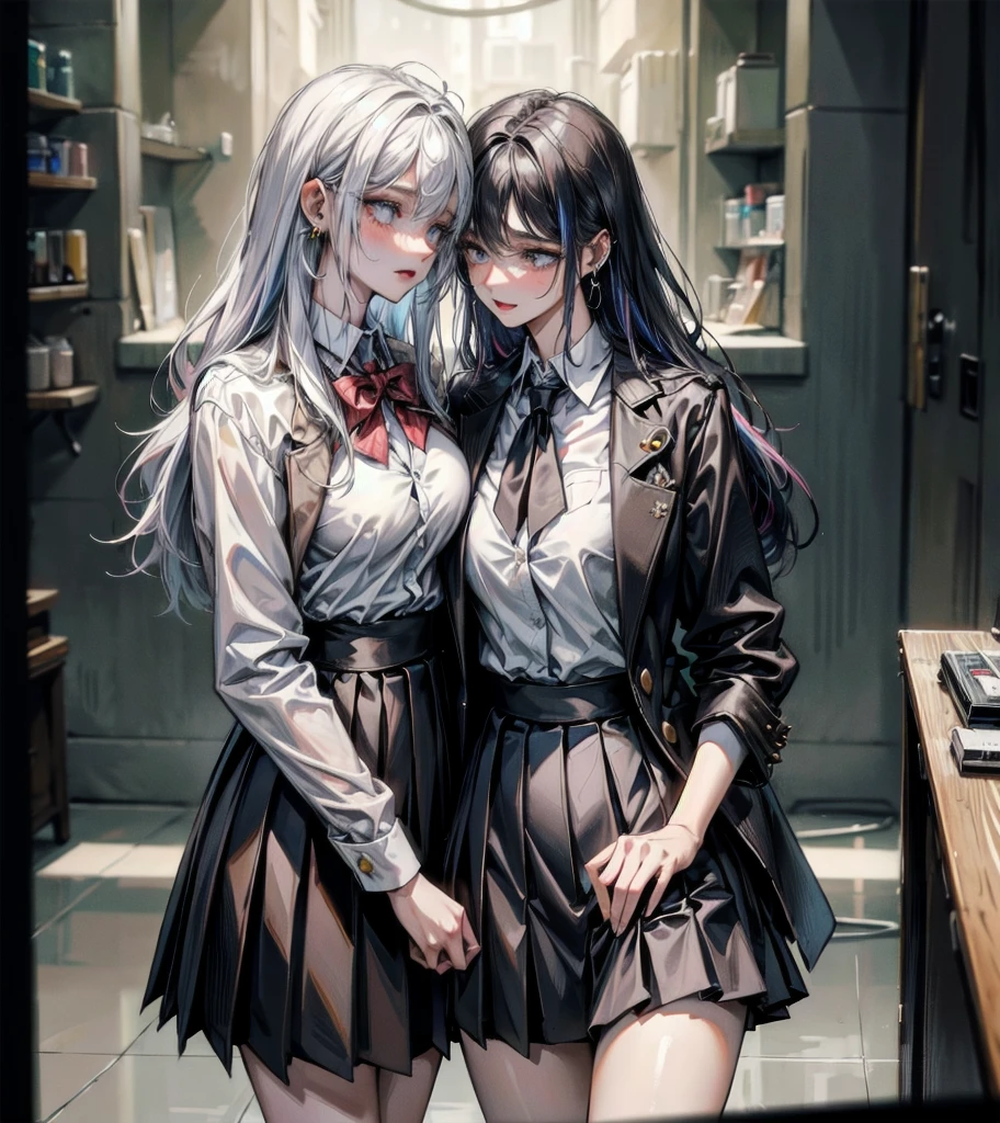 (((yuri))), (((2 girls))), ((school uniform)), blazer, skirt, absurdres, RAW photo, extremely delicate and beautiful, masterpiece, Best Quality, ultra high resolution, 32k, hyperrealistic, ultra-detailed, detailed description, perfect anatomy, pale skin, 20 years old, detailed beautiful face and eyes, tearful mole, earring, short medium hair, wavy hair, random colored hair, whole body shot, colossal tits,