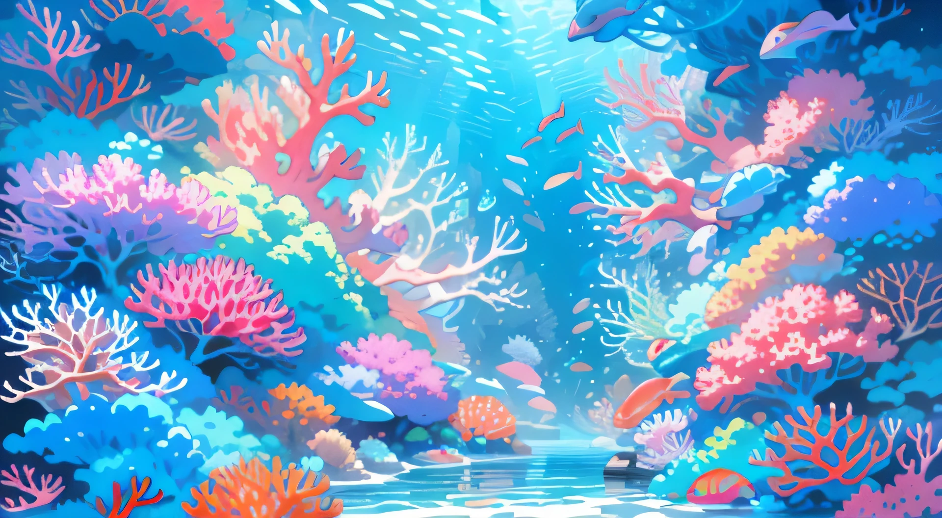 (seabed、Life at sea、Beautiful coral reef、fish),Cluttered painting style，Hair flowing in the water