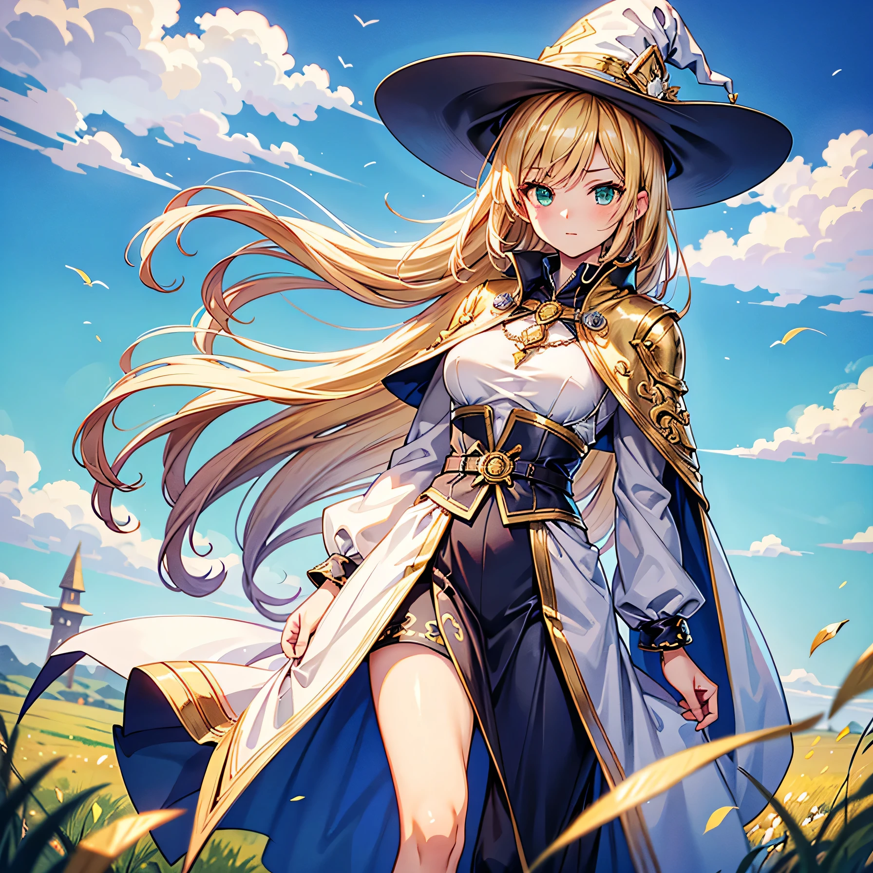 Anime art style,highest quality,High resolution,Anatomically correct,One Woman,Mid twenties,Blonde,Beautiful ironed hair,Super long hair,Super detailed,Fantasy World,witch,White hat with gold trim,White cloak with gold trim,Emerald long skirt,Medium sized breasts,prairie,A strong wind is blowing,Hold the hat so it doesn&#39;t fly off,Touching the elbow,Serious expression,Eyes drawn in detail,8K