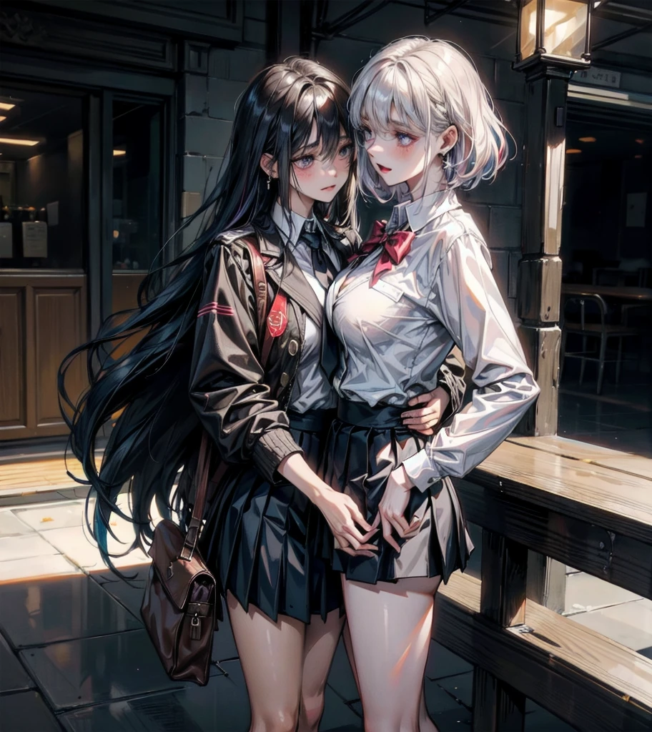 (((yuri))), (((2 girls))), ((school uniform)), blazer, skirt, absurdres, RAW photo, extremely delicate and beautiful, masterpiece, Best Quality, ultra high resolution, 32k, hyperrealistic, ultra-detailed, detailed description, perfect anatomy, pale skin, 20 years old, detailed beautiful face and eyes, tearful mole, earring, short medium hair, wavy hair, random colored hair, whole body shot, colossal tits, 