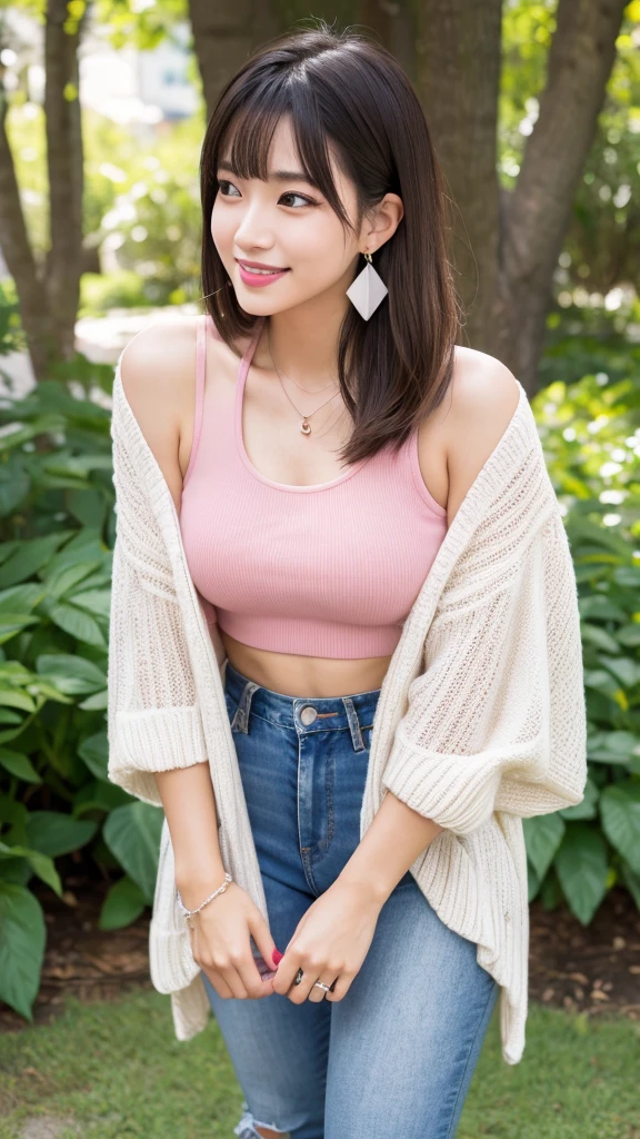 (8k, Photorealistic, Raw photo, Highest quality: 1.4),Japanese idol style１Beautiful girl of the person,18-year-old,Short Bob,Silver Hair,Hang your hair over your ears,Wearing small earrings in the ears,Big, clear grey eyes,Long eyelashes,Tear bags,There is a blackhead under the left eye,Plump Cheeks,Wearing pink lipstick,Apply gloss over your lipstick for glossy, plump lips,A short pendant is hanging around her neck.,Both hands have pink nail polish on their nails,Both toenails have black nail polish,Smiling,She is wearing a white seven-sleeve summer knit.,Wearing skin-tight jeans,Wearing red high heels,She is surrounded by the gentle sunlight filtering through the trees.,Full body portrait