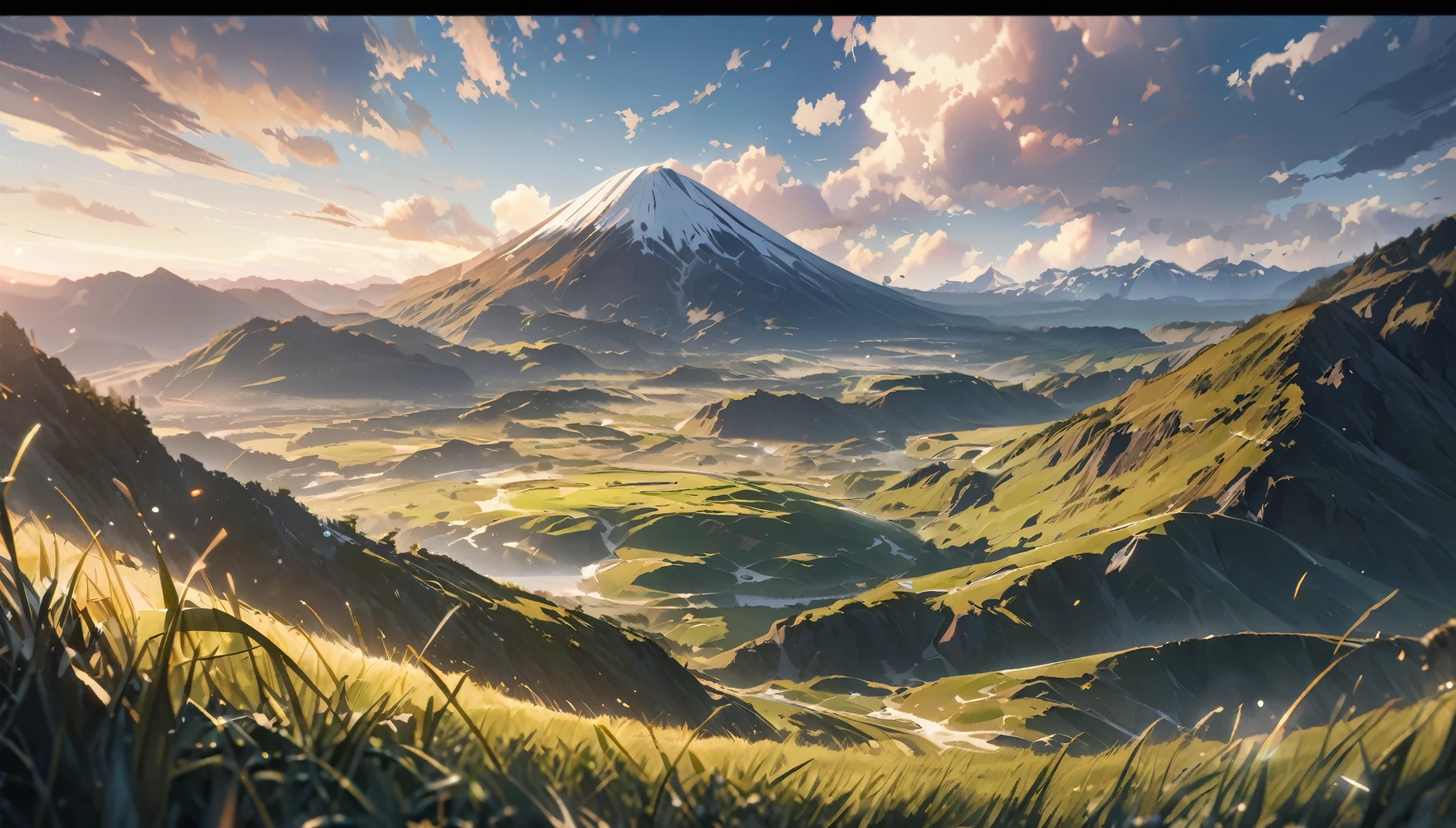 an open field with grass, with a wide view of the sky with well-detailed clouds, mountains in the background,UHD, masterpiece, accurate, anatomically correct, textured skin, super detail, high quality, best quality, 8k, high resolution, bokeh effect.