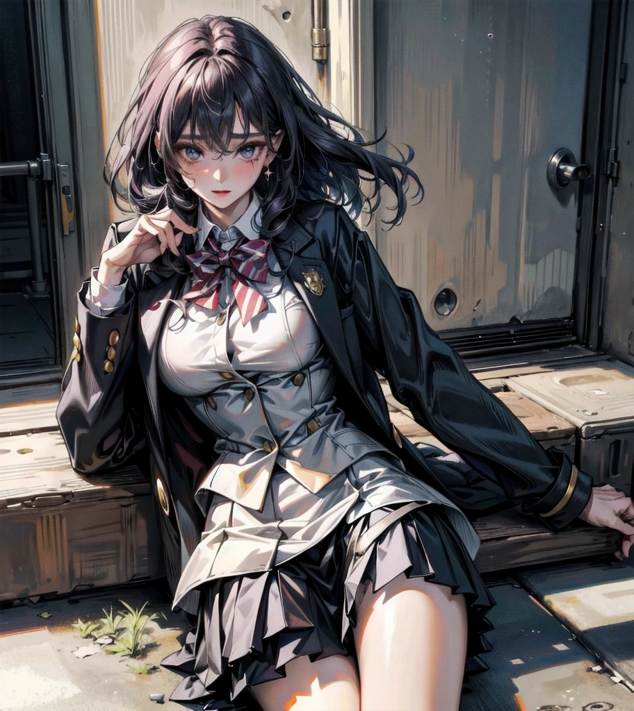 (((yuri))), (((2 girls))), ((school uniform)), blazer, skirt, absurdres, RAW photo, extremely delicate and beautiful, masterpiece, Best Quality, ultra high resolution, 32k, hyperrealistic, ultra-detailed, detailed description, perfect anatomy, pale skin, 20 years old, detailed beautiful face and eyes, tearful mole, earring, short medium hair, wavy hair, random colored hair, whole body shot, colossal tits,