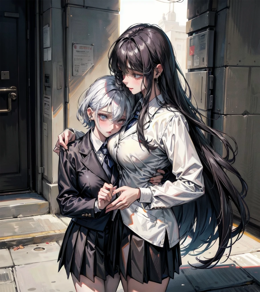 (((yuri))), (((2 girls))), ((school uniform)), blazer, skirt, absurdres, RAW photo, extremely delicate and beautiful, masterpiece, Best Quality, ultra high resolution, 32k, hyperrealistic, ultra-detailed, detailed description, perfect anatomy, pale skin, 20 years old, detailed beautiful face and eyes, tearful mole, earring, short medium hair, wavy hair, random colored hair, whole body shot, colossal tits,