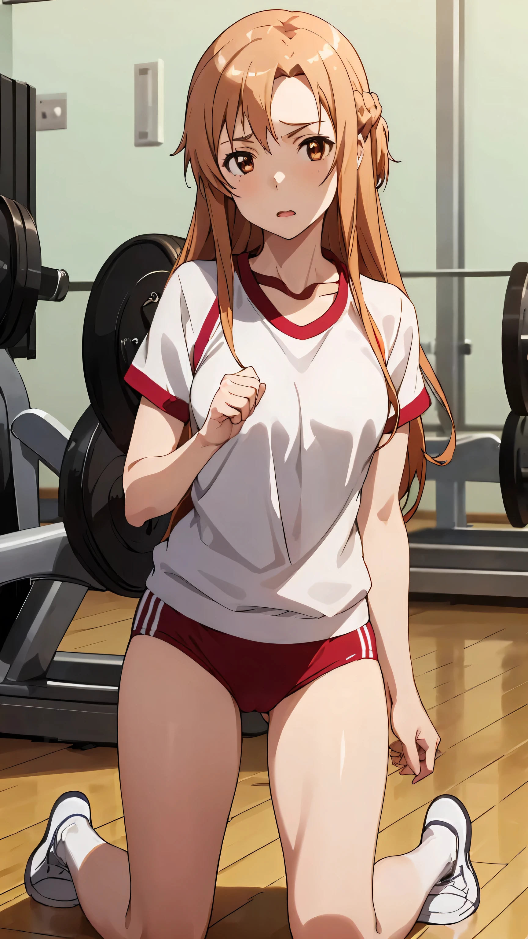 vulgarity ,NSFW,(((masturbation))),crotch grab, female masturbation,breast grab,
kneeling,sweat ,
Asuna yuuki ,Asuna Yuuki(Sword Art Online),
long bronze hair,Braid,brown eyes,fine eyes,roll forward,
(((black buruma, School, gym shirt, white t-shirt, Gym suit, Photo of girl in wooden floor School gym room))),Bloomers are bikini type ,
break masterpiece ,8k unity wallpaper,anime key visual,highest quality, High resolution, unity 8k wallpaper, (shape:0.8),anime coloring,highly detailed face, detailed eyes,growing eyes,shiny skin,fine skin,white skin,dense skin,detailed hair,highly detailed legs,perfect lighting, Detailed CG, (perfect hands, perfect anatomy),High resolution,(Detailed wear ),slender limbs, delicate curves, dainty hands,figure:0.8,