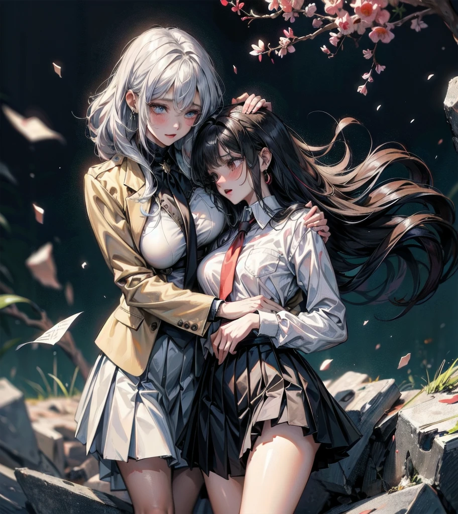 (((yuri))), (((2 girls))), ((school uniform)), blazer, skirt, absurdres, RAW photo, extremely delicate and beautiful, masterpiece, Best Quality, ultra high resolution, 32k, hyperrealistic, ultra-detailed, detailed description, perfect ???????, pale skin, 20 years old, detailed beautiful face and eyes, tearful mole, earring, short medium hair, wavy hair, random colored hair, whole body shot, colossal tits, 