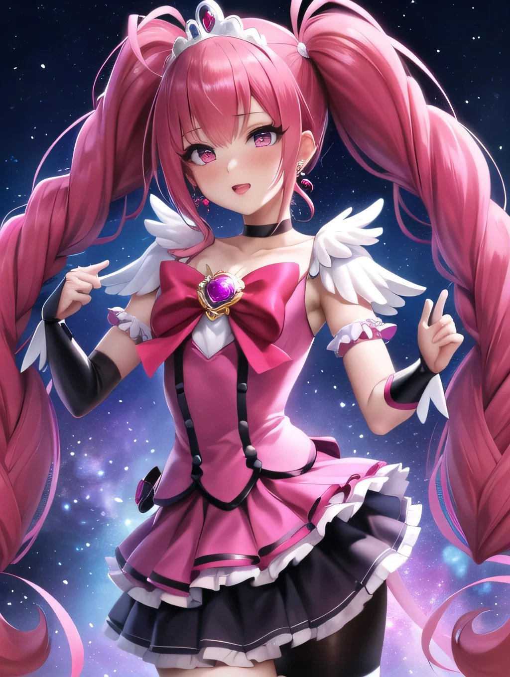 masterpiece, best quality
1girl, cure prism, pink hair, long hair, side braid, black ascot, black boots, elbow gloves, hair ribbon, earrings, layered skirt, heart ahoge, 
gradient_background, best quality, ultra-detail, masterpiece, anime,skirt. tiara, wrist cuffs, (black shorts), black shorts under skirt, boots, (glossy fabric), cowboy shot, black gemstones, standing, blush, (beautiful detailed eyes), extra detailed face, perfect lighting, extremely details CG, (perfect hands, perfect anatomy), shiny material, a blue ribbon, jewelry, latex shine,red eye,dark orla,straight hair,black wing,black frildress,long skirt ,Dramatic Pose,Magical girl,Night sky background