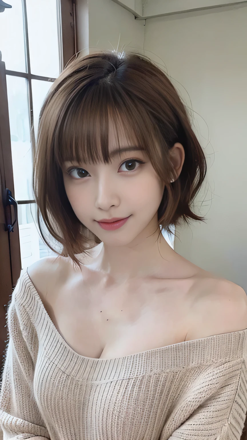 (tmasterpiece:1.3), (8K, Photorealsitic, RAW photography, Top image quality: 1.4), Japan high school girls、(random hair style:1.2)、Super detail face、Eye of detail、double eyelid、Bring your chest together、sharp focus:1.2、Beautiful woman:1.4、Light brown hair、top-quality、tmasterpiece、超A high resolution、(Photorealsitic:1.4)、Highly detailed and professionally illuminated smile、Loose and lightweight knitwear、shoulders out、Slender、serious face expression、short detailed hair、Fatal position smile